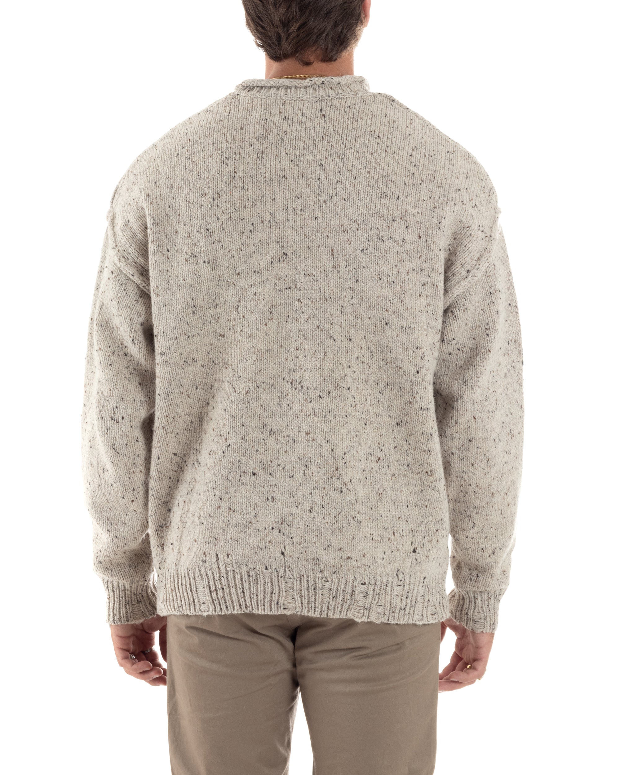 Maglione Uomo Girocollo Maglia Maglioncino Maniche Lunghe Casual Oversize Melangiato Beige GIOSAL-M2858A