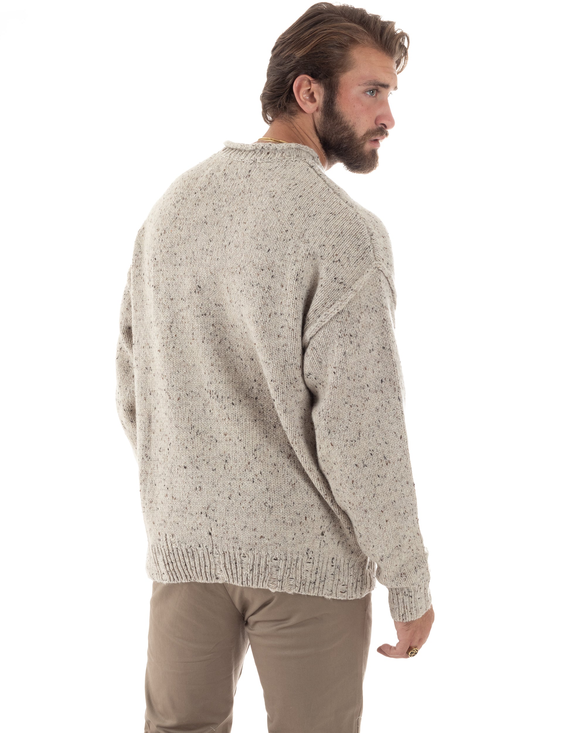 Maglione Uomo Girocollo Maglia Maglioncino Maniche Lunghe Casual Oversize Melangiato Beige GIOSAL-M2858A