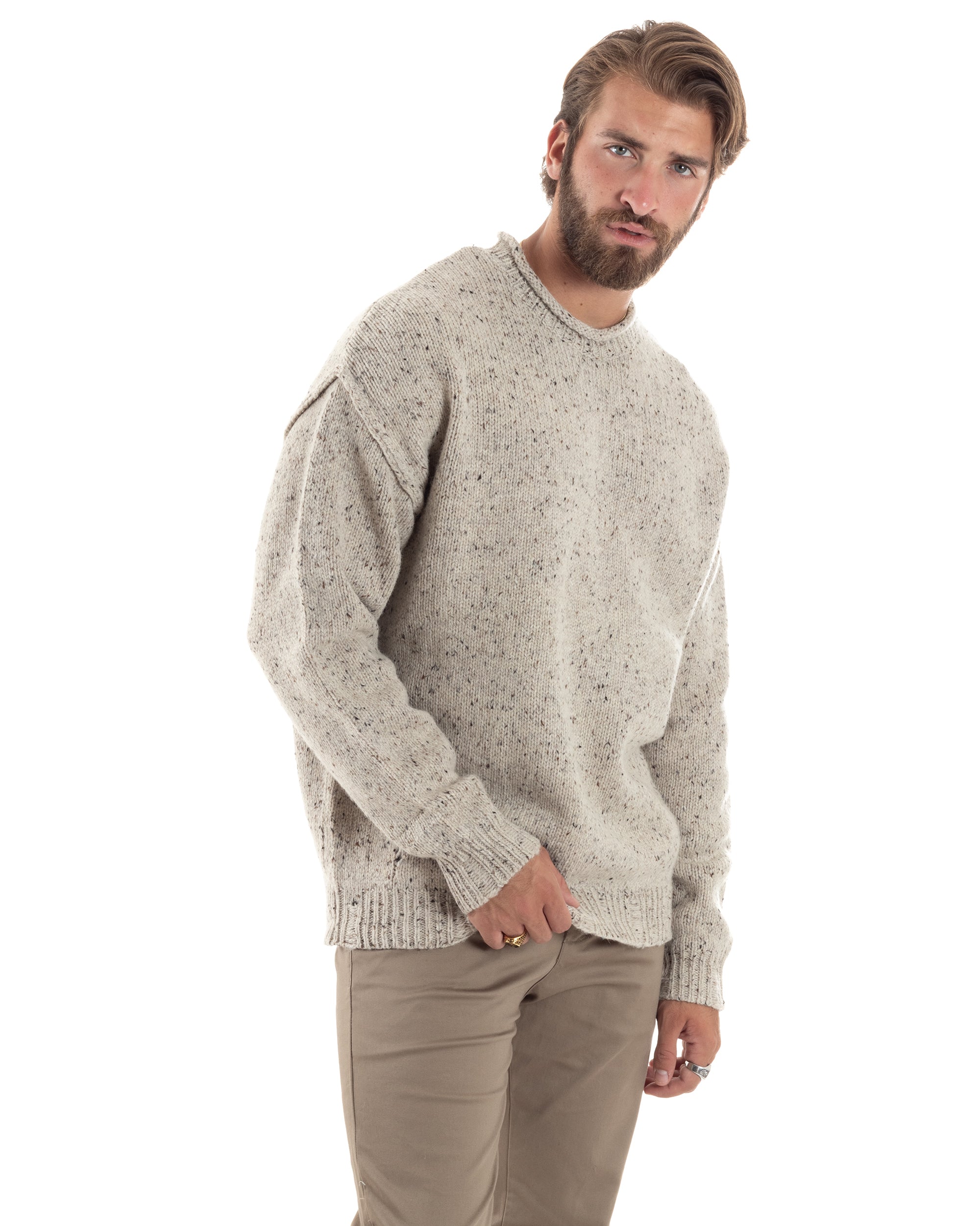 Maglione Uomo Girocollo Maglia Maglioncino Maniche Lunghe Casual Oversize Melangiato Beige GIOSAL M2858A