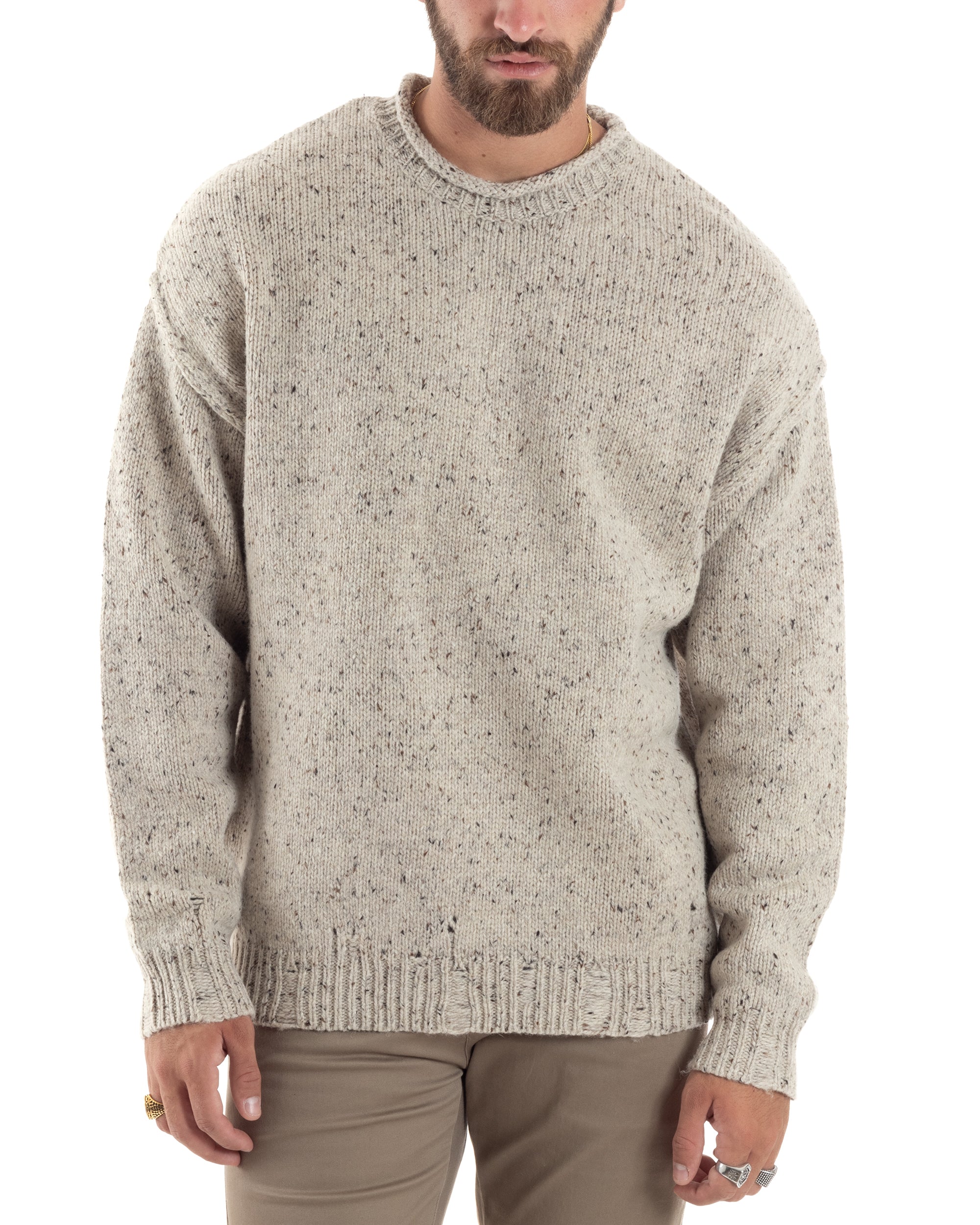 Maglione Uomo Girocollo Maglia Maglioncino Maniche Lunghe Casual Oversize Melangiato Beige GIOSAL-M2858A