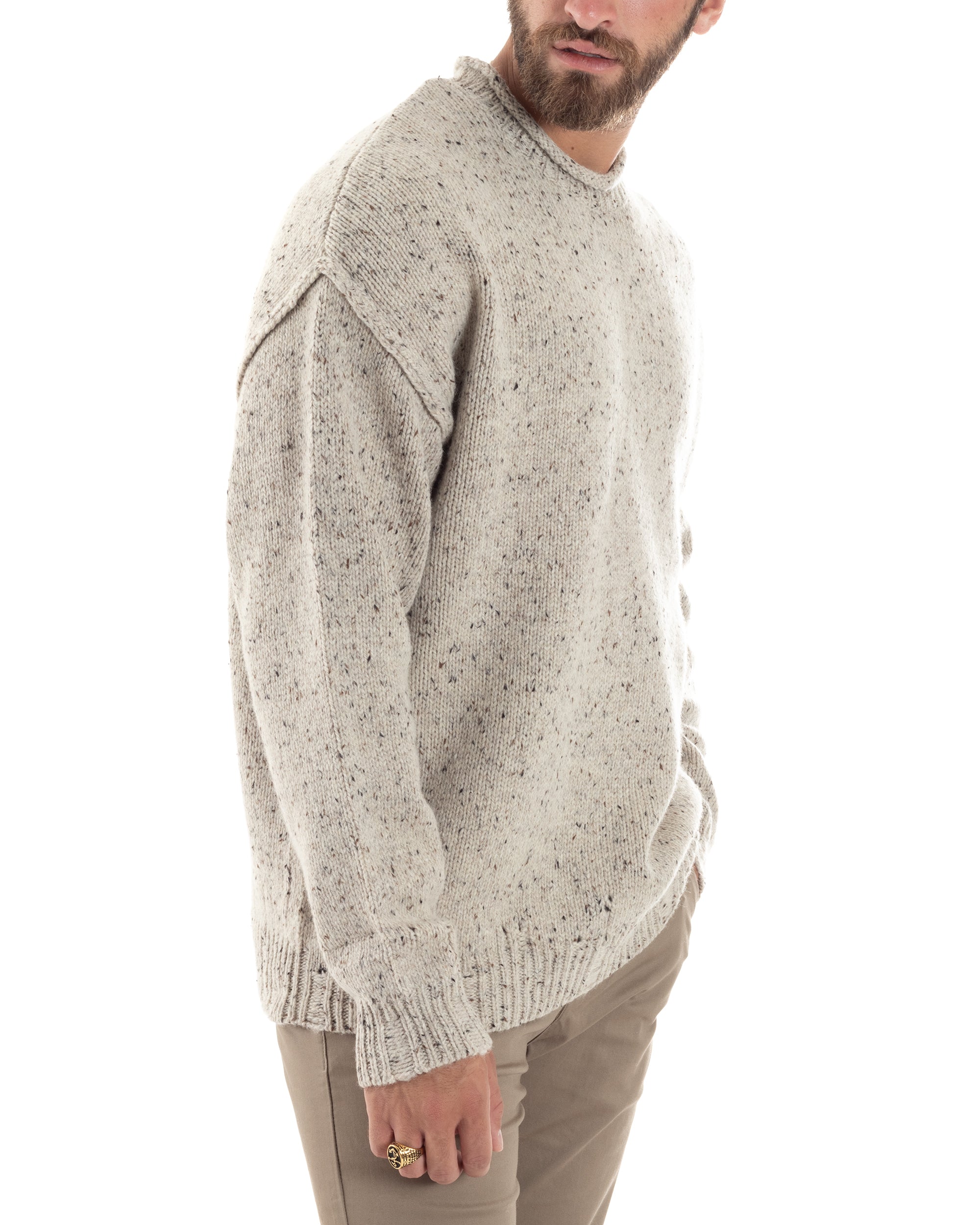 Maglione Uomo Girocollo Maglia Maglioncino Maniche Lunghe Casual Oversize Melangiato Beige GIOSAL-M2858A