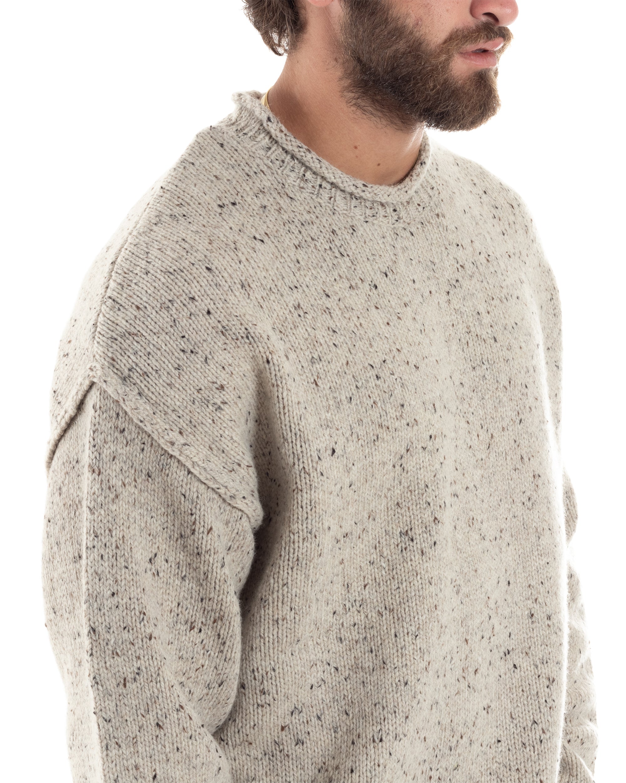 Maglione Uomo Girocollo Maglia Maglioncino Maniche Lunghe Casual Oversize Melangiato Beige GIOSAL-M2858A