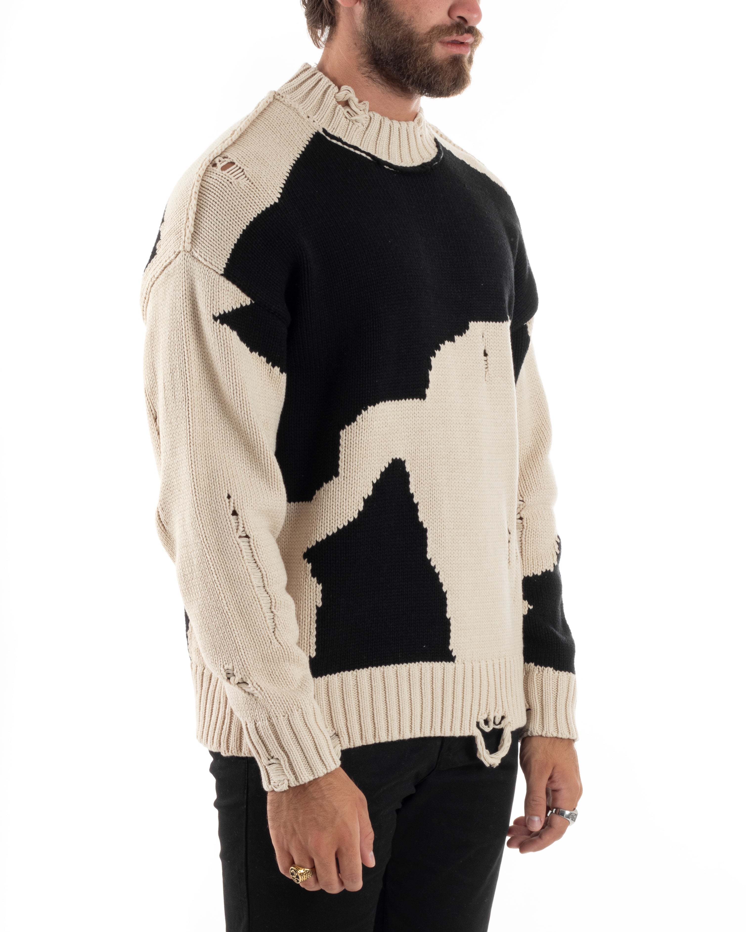 Maglione Uomo Girocollo Oversize Maniche Lunghe Abrasioni Rotture Maglia Casual Bicolore Nero Beige GIOSAL-M2860A