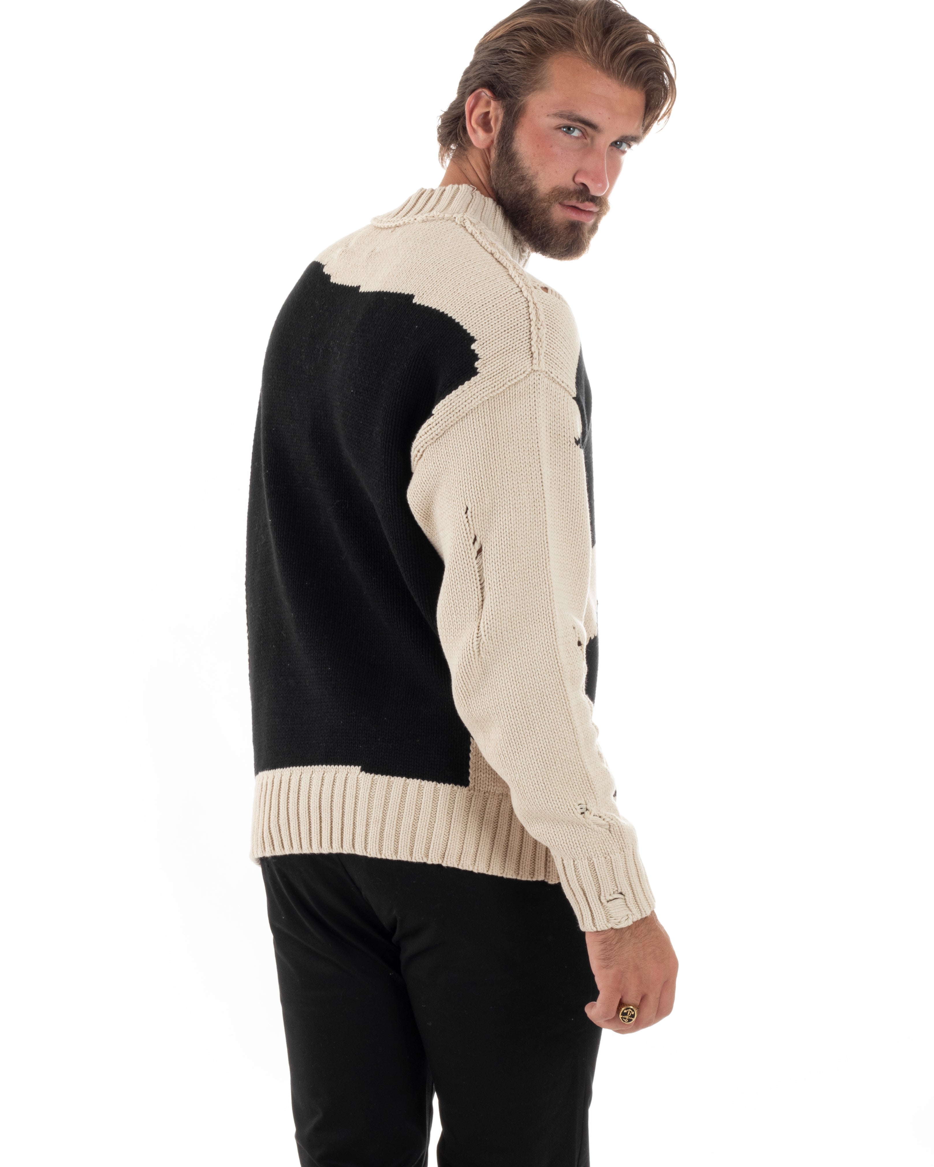 Maglione Uomo Girocollo Oversize Maniche Lunghe Abrasioni Rotture Maglia Casual Bicolore Nero Beige GIOSAL-M2860A