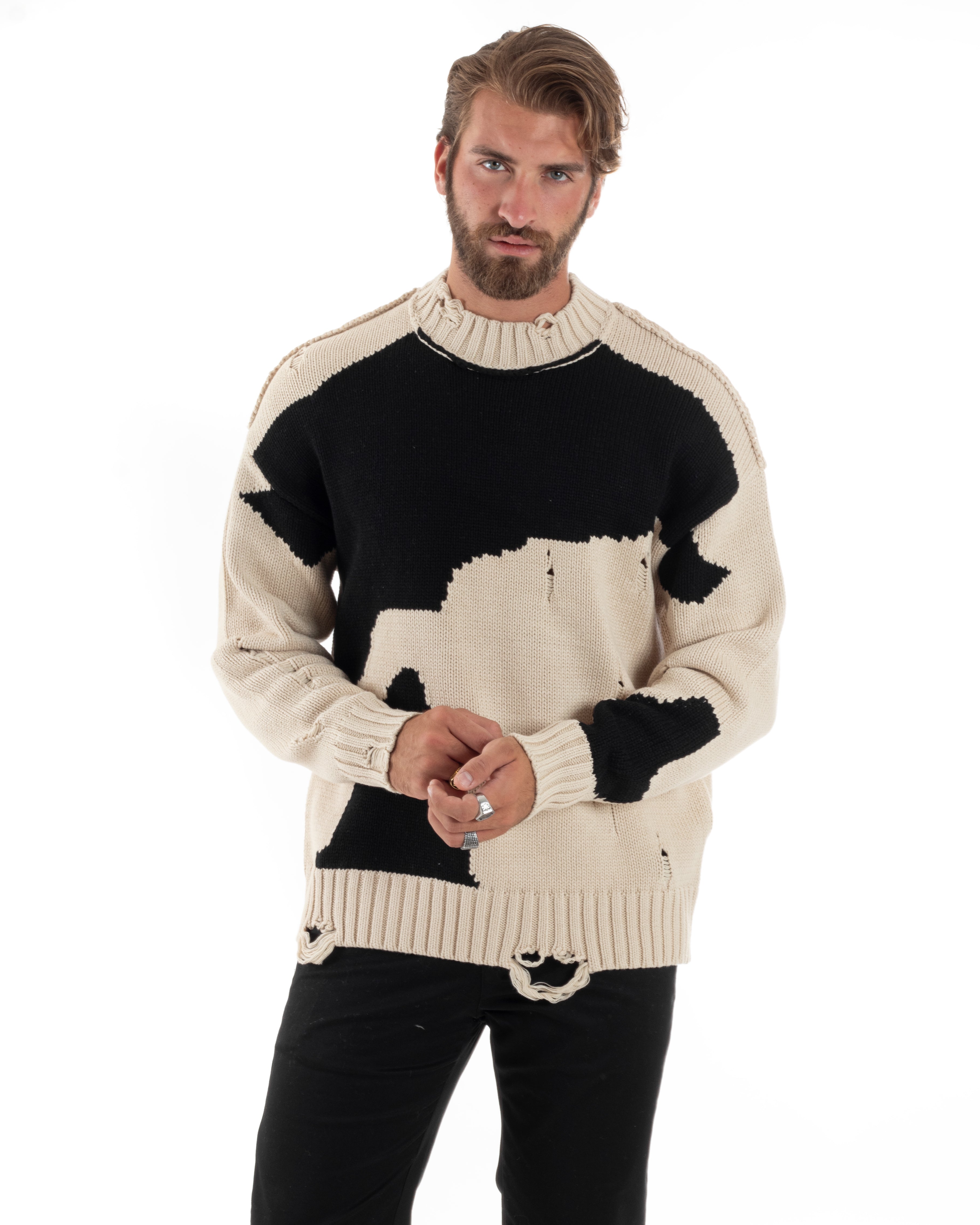 Maglione Uomo Girocollo Oversize Maniche Lunghe Abrasioni Rotture Maglia Casual Bicolore Nero Beige GIOSAL-M2860A