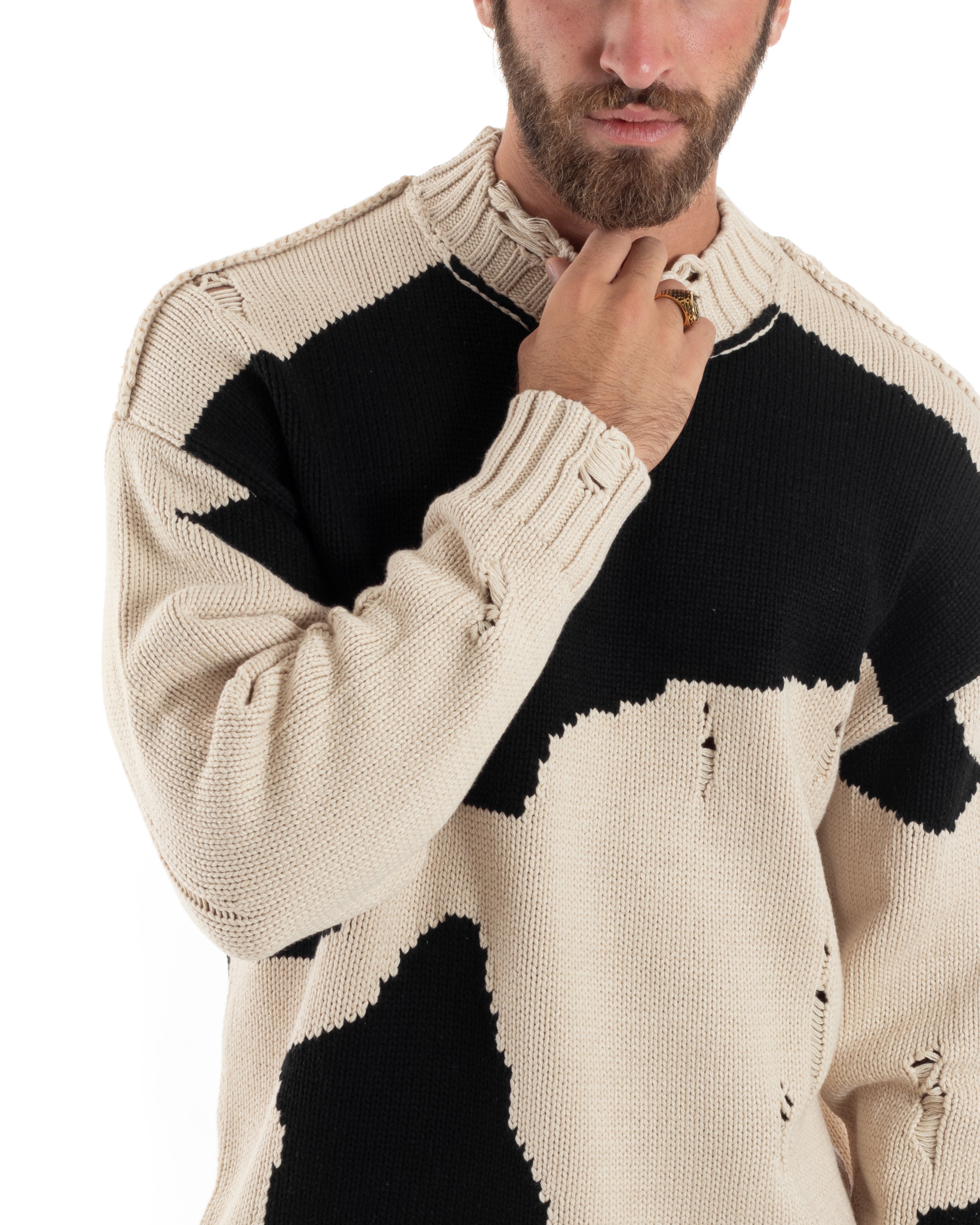 Maglione Uomo Girocollo Oversize Maniche Lunghe Abrasioni Rotture Maglia Casual Bicolore Nero Beige GIOSAL-M2860A