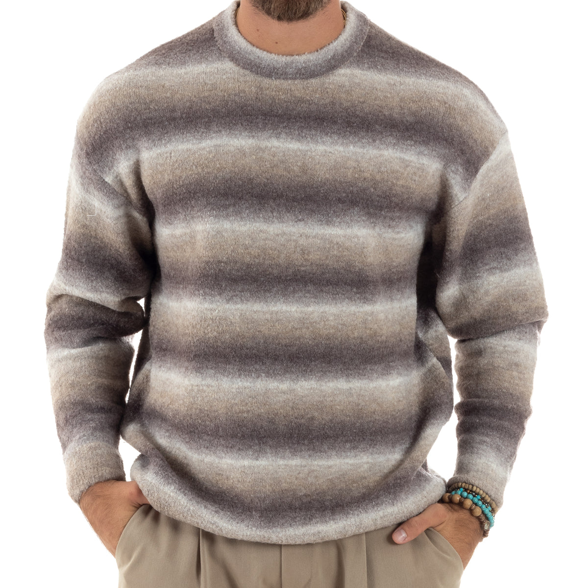 Maglione Uomo Girocollo Righe Sfumate Lana Maglia Oversize Maniche Lun