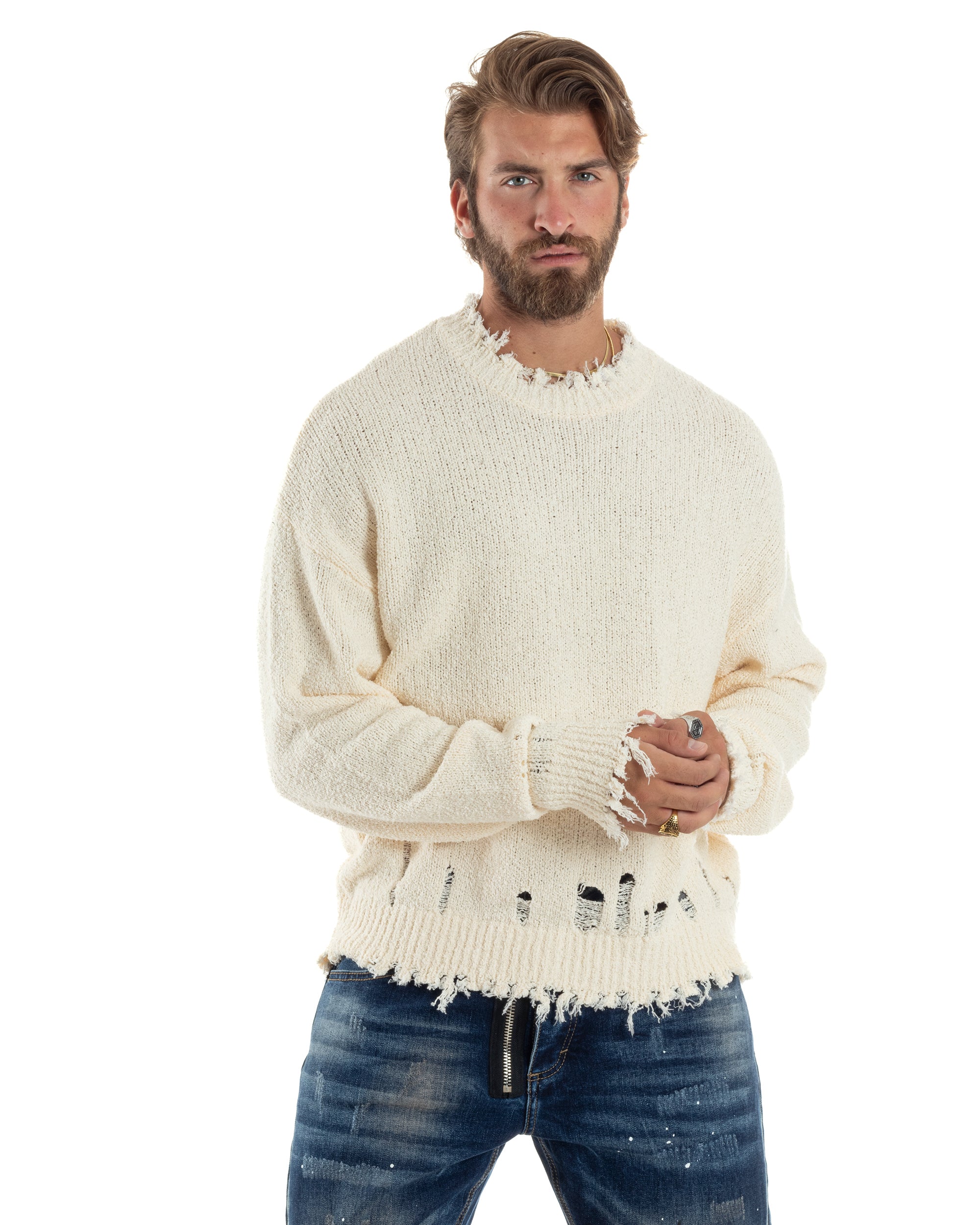 Maglione Uomo Girocollo Con Rotture Oversize Caldo Cotone Pettinato Maglia Maniche Lunghe Casual Panna GIOSAL-M2862A