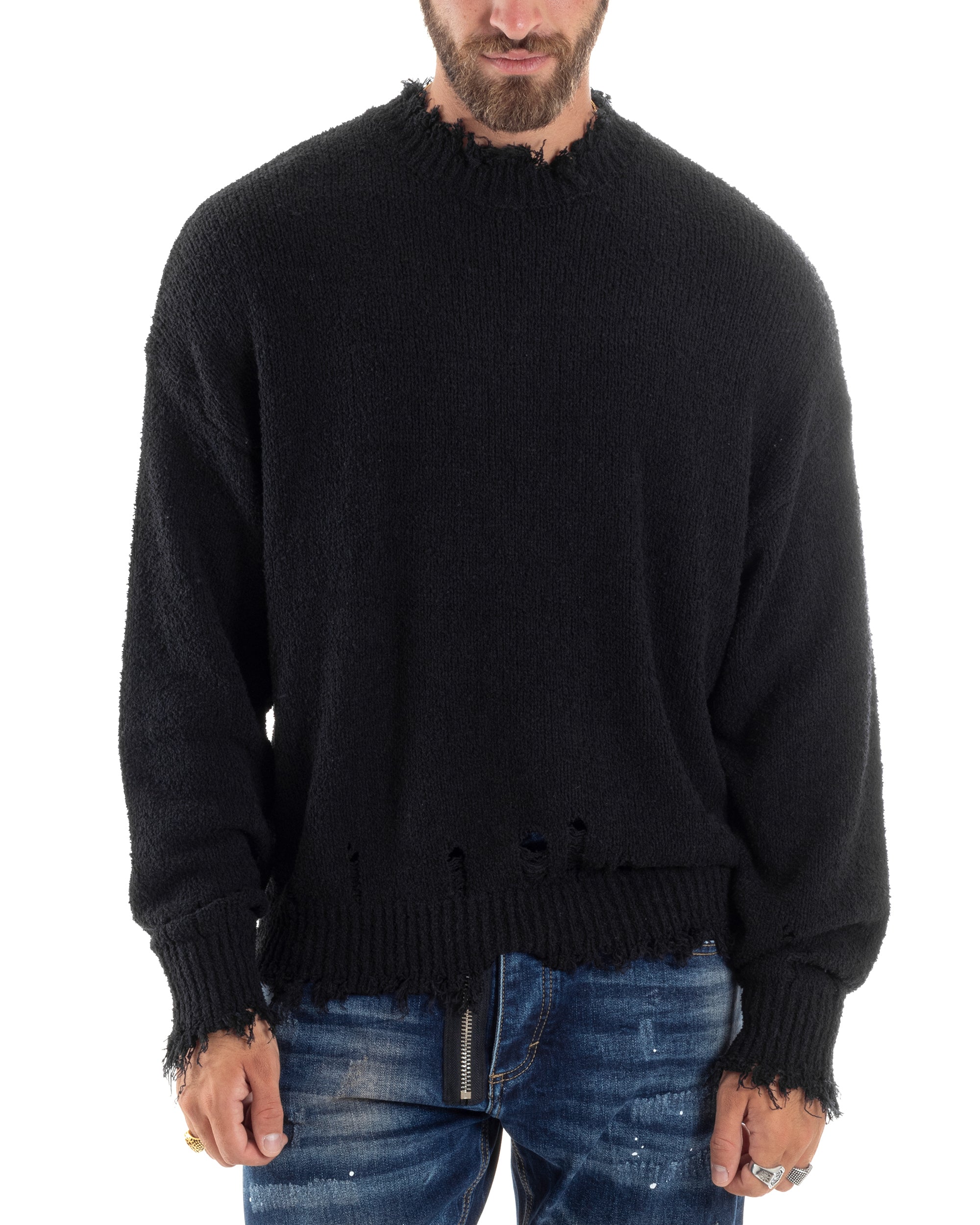 Maglione Uomo Girocollo Con Rotture Oversize Caldo Cotone Pettinato Maglia Maniche Lunghe Casual Nero GIOSAL-M2863A