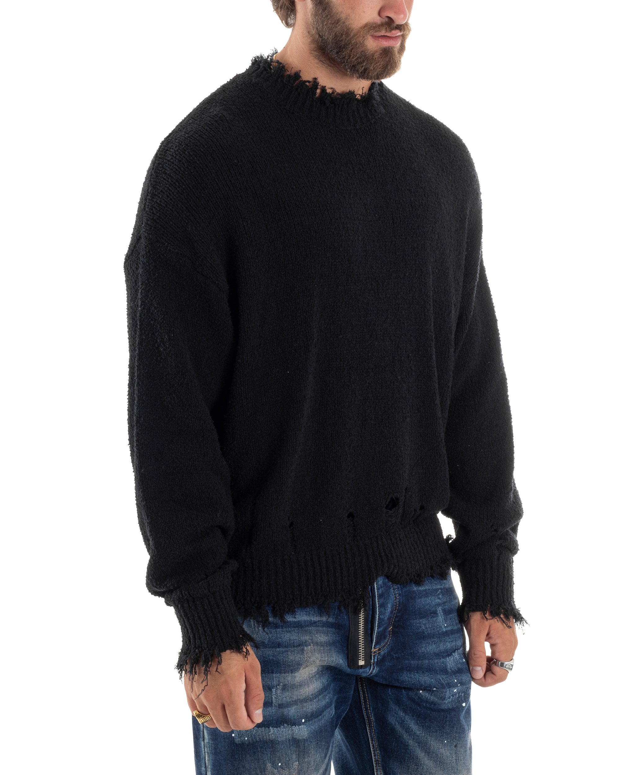 Maglione Uomo Girocollo Con Rotture Oversize Caldo Cotone Pettinato Maglia Maniche Lunghe Casual Nero GIOSAL-M2863A