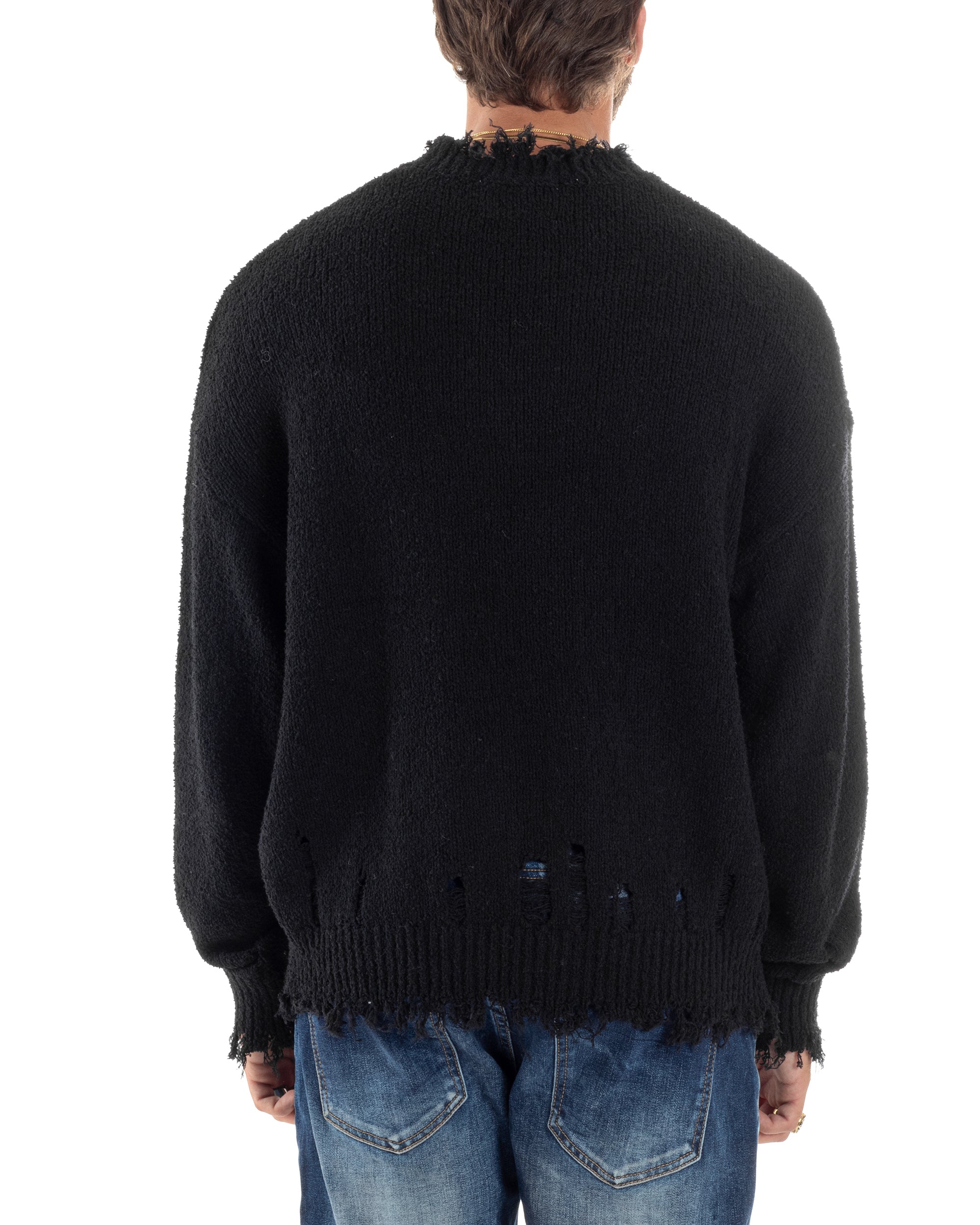 Maglione Uomo Girocollo Con Rotture Oversize Caldo Cotone Pettinato Maglia Maniche Lunghe Casual Nero GIOSAL-M2863A