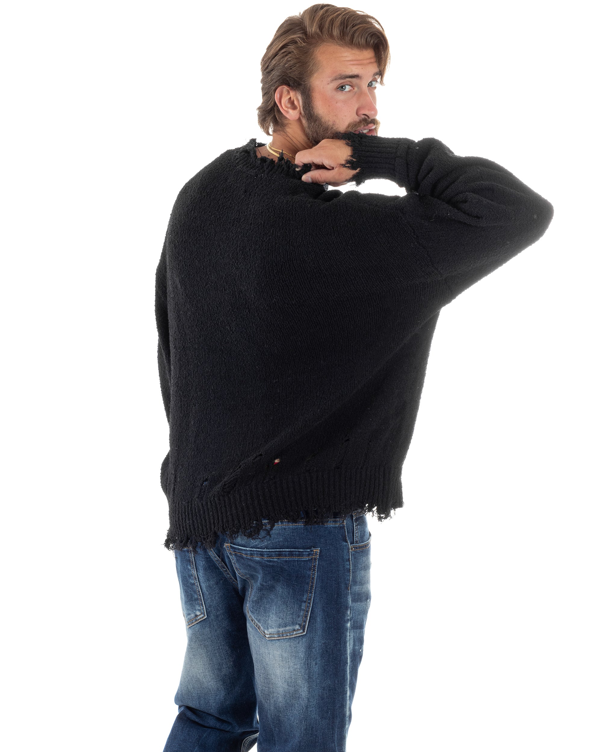 Maglione Uomo Girocollo Con Rotture Oversize Caldo Cotone Pettinato Maglia Maniche Lunghe Casual Nero GIOSAL-M2863A