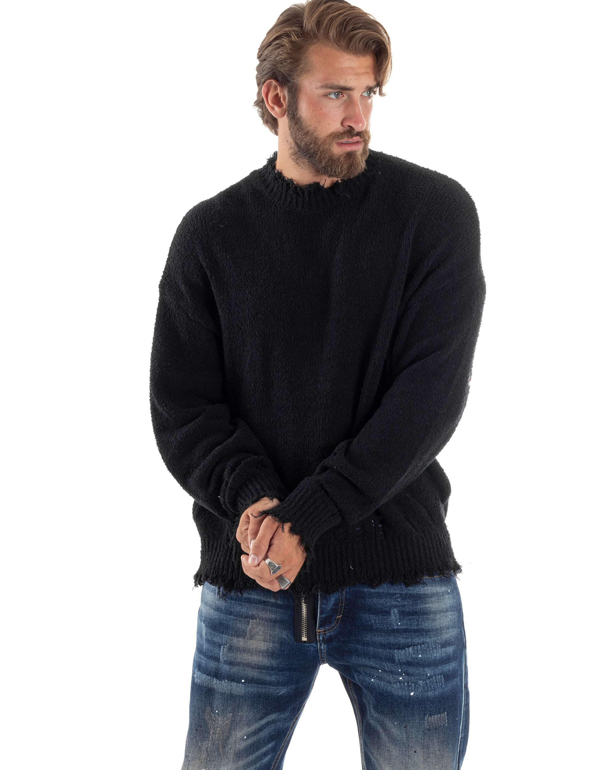 Maglione Uomo Girocollo Con Rotture Oversize Caldo Cotone Pettinato Maglia Maniche Lunghe Casual Nero GIOSAL-M2863A