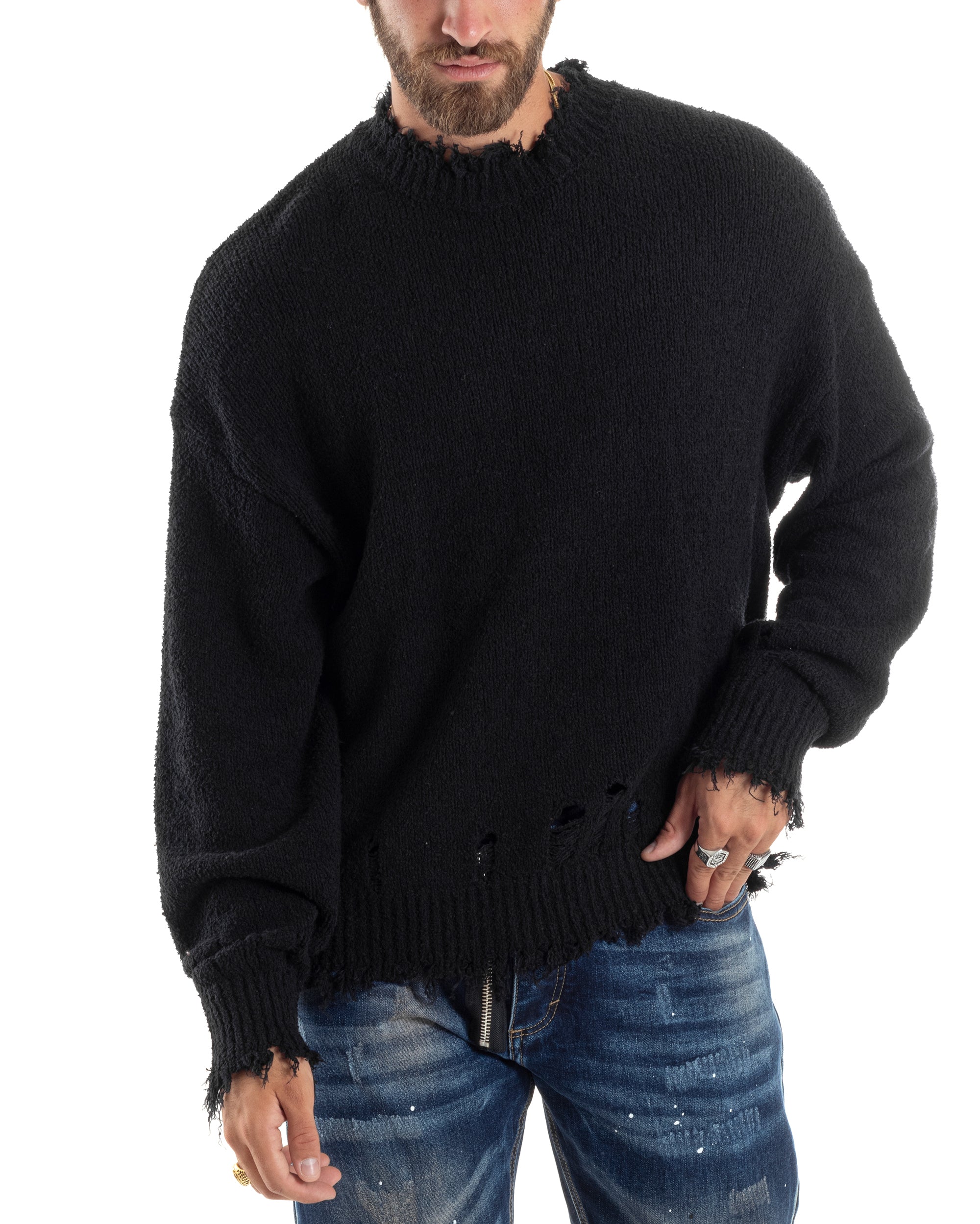 Maglione Uomo Girocollo Con Rotture Oversize Caldo Cotone Pettinato Maglia Maniche Lunghe Casual Nero GIOSAL-M2863A