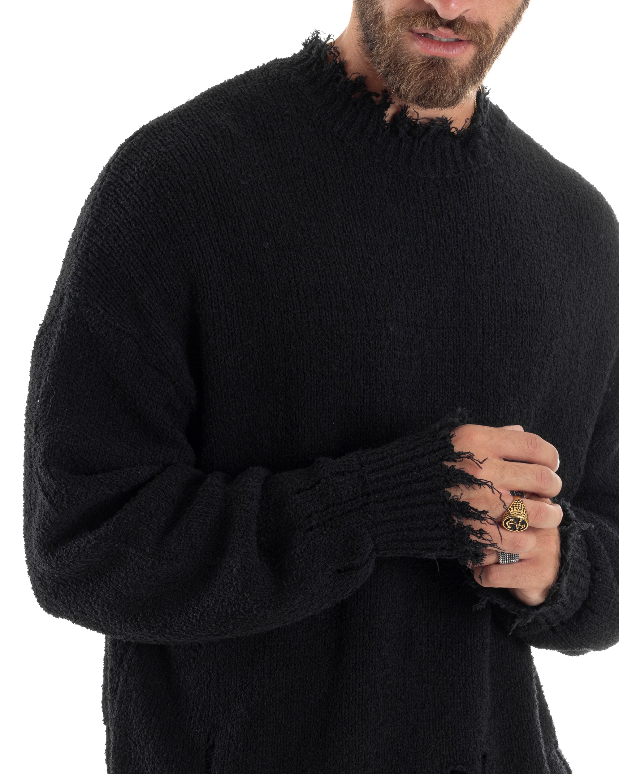 Maglione Uomo Girocollo Con Rotture Oversize Caldo Cotone Pettinato Maglia Maniche Lunghe Casual Nero GIOSAL-M2863A