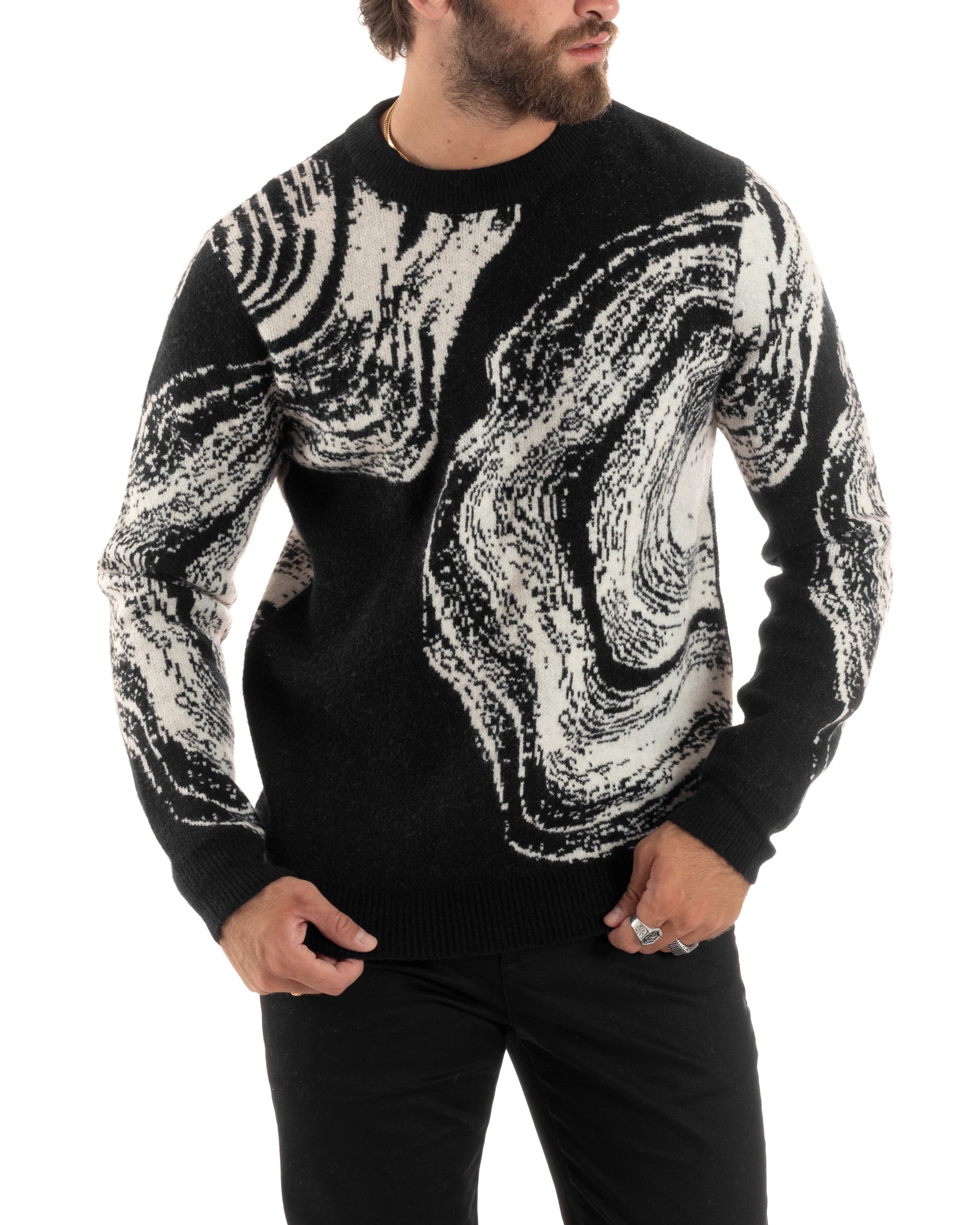 Maglione Uomo Girocollo Caldo Cotone Rasato Marmorizzato Maglia Maniche Lunghe Oversize Casual Bicolore Sfumata Nero GIOSAL-M2865A