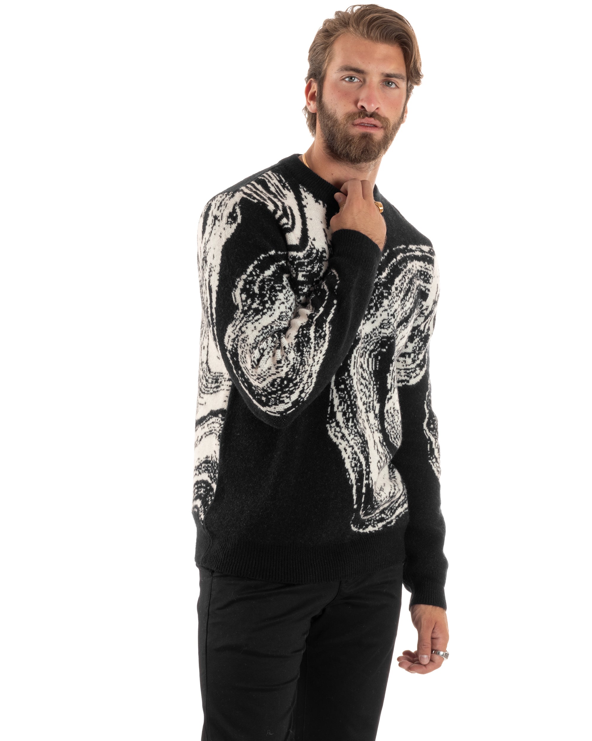 Maglione Uomo Girocollo Caldo Cotone Rasato Marmorizzato Maglia Maniche Lunghe Oversize Casual Bicolore Sfumata Nero GIOSAL-M2865A