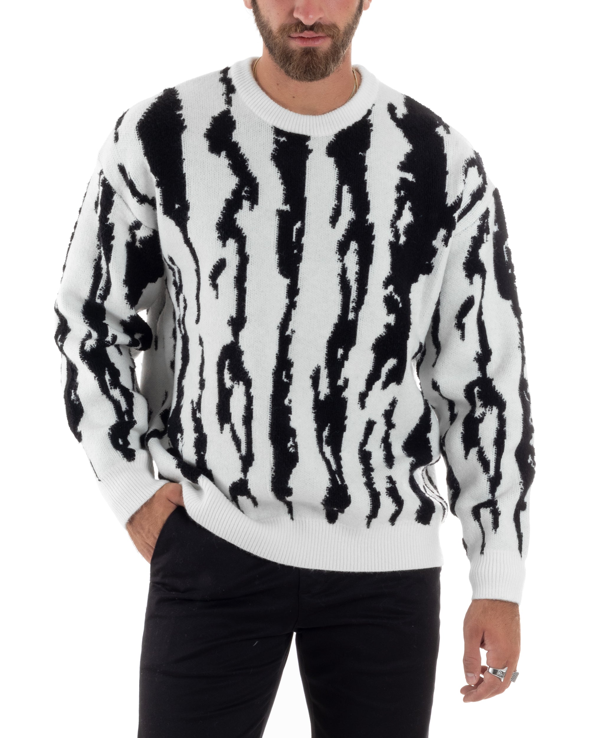 Maglione Uomo Zebrato Bicolore Maglia Girocollo Calda Oversize Maniche Lunghe Comoda Casual Panna GIOSAL-M2868A