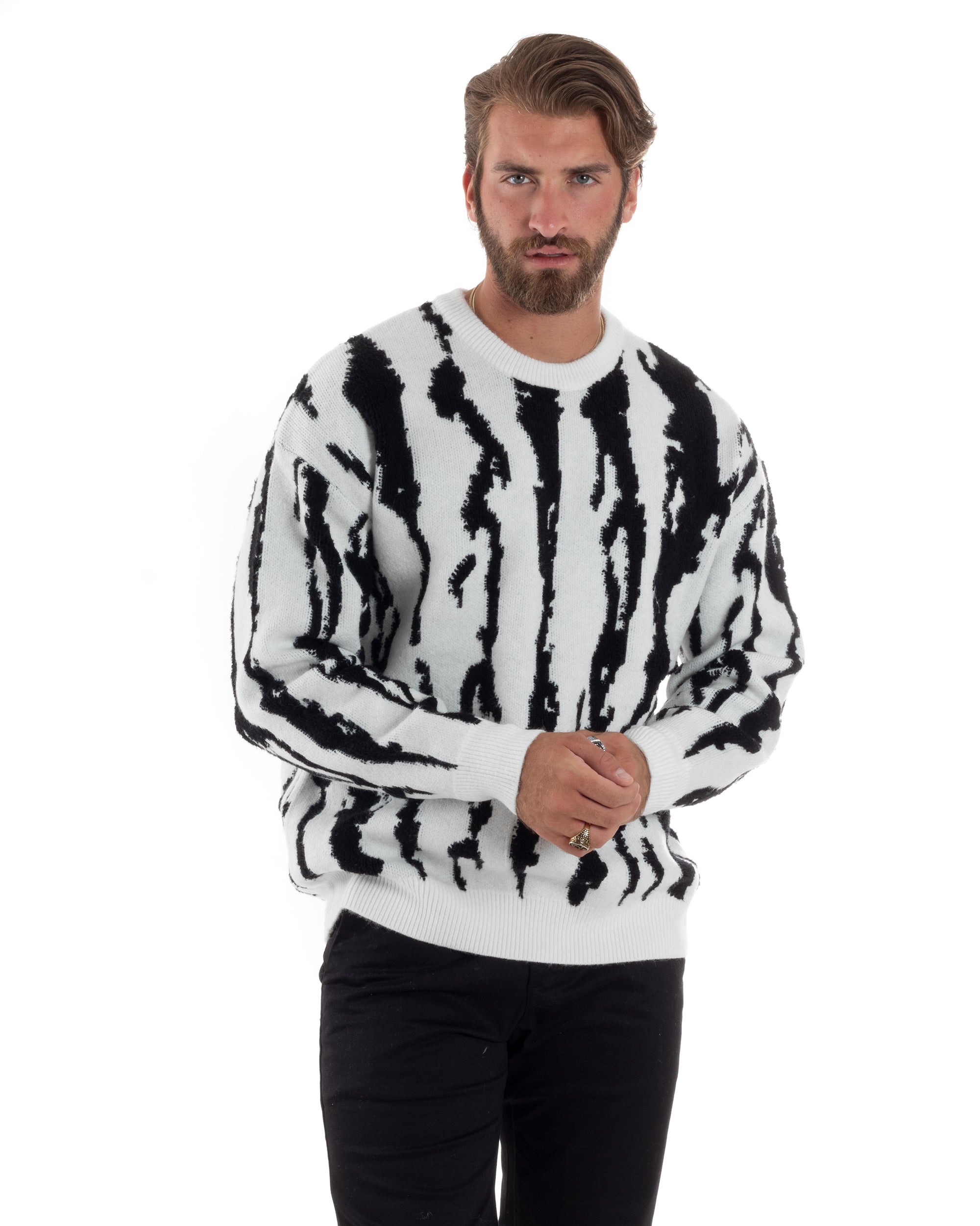 Maglione Uomo Zebrato Bicolore Maglia Girocollo Calda Oversize Maniche Lunghe Comoda Casual Panna GIOSAL-M2868A