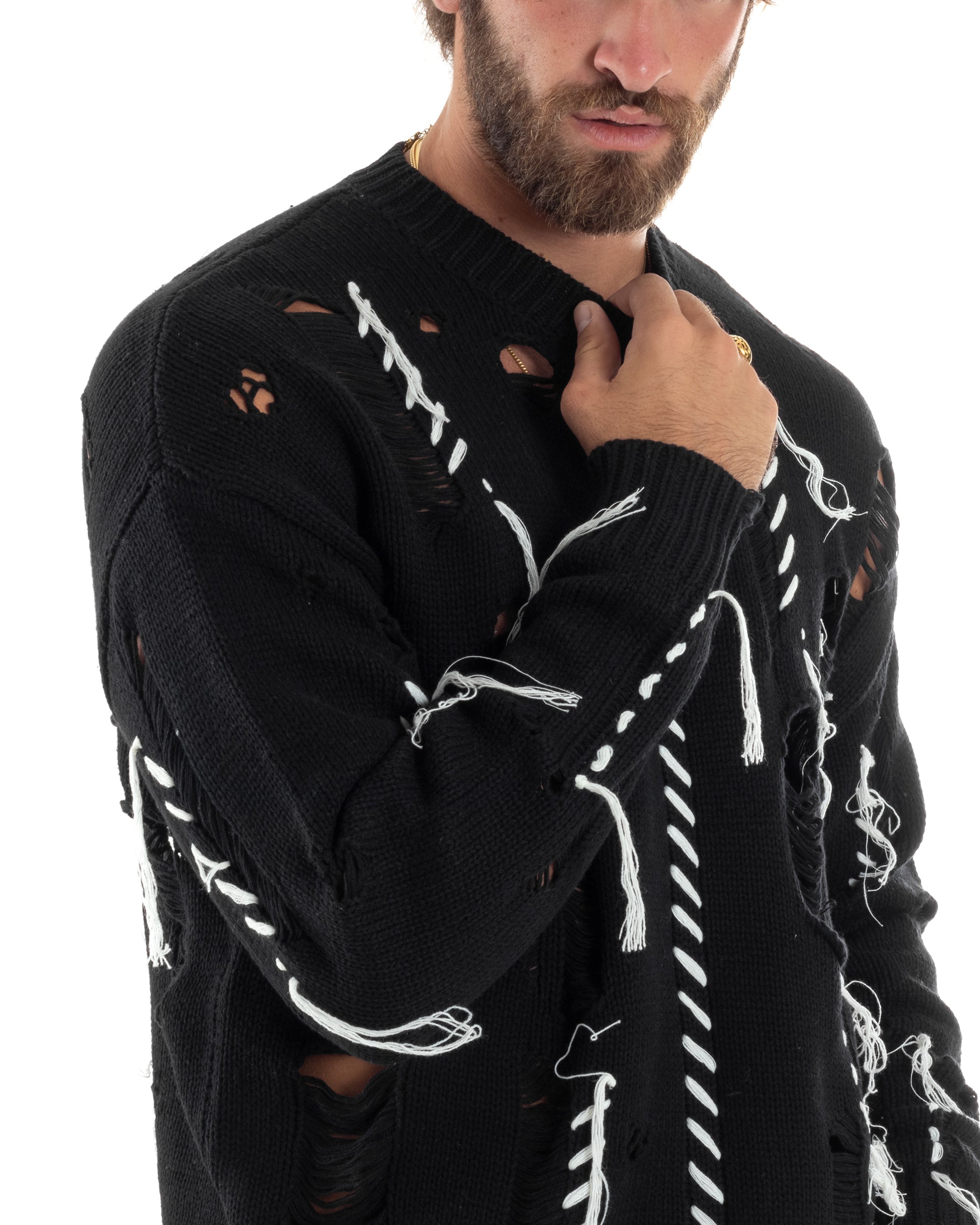 Maglione Uomo Con Rotture Sfrangiato Maglia Girocollo Calda Oversize Maniche Lunghe Comoda Casual Bicolore Nero GIOSAL-M2869A