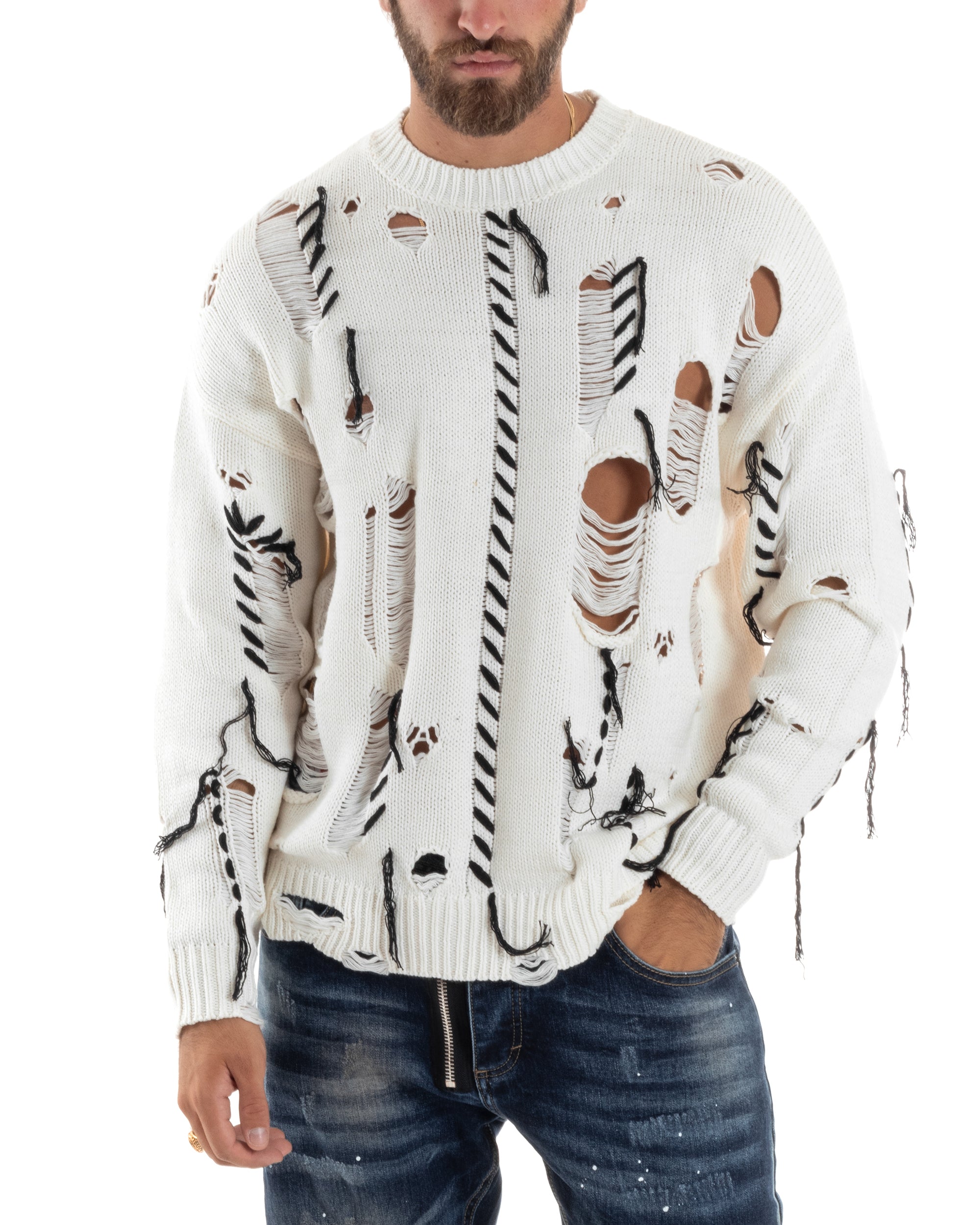 Maglione Uomo Con Rotture Sfrangiato Maglia Girocollo Calda Oversize Maniche Lunghe Comoda Casual Bicolore Panna GIOSAL-M2870A