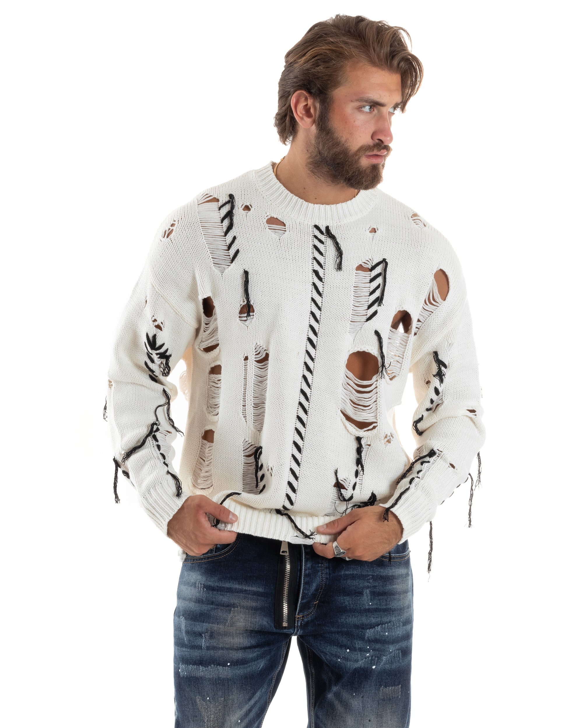 Maglione Uomo Con Rotture Sfrangiato Maglia Girocollo Calda Oversize Maniche Lunghe Comoda Casual Bicolore Panna GIOSAL-M2870A