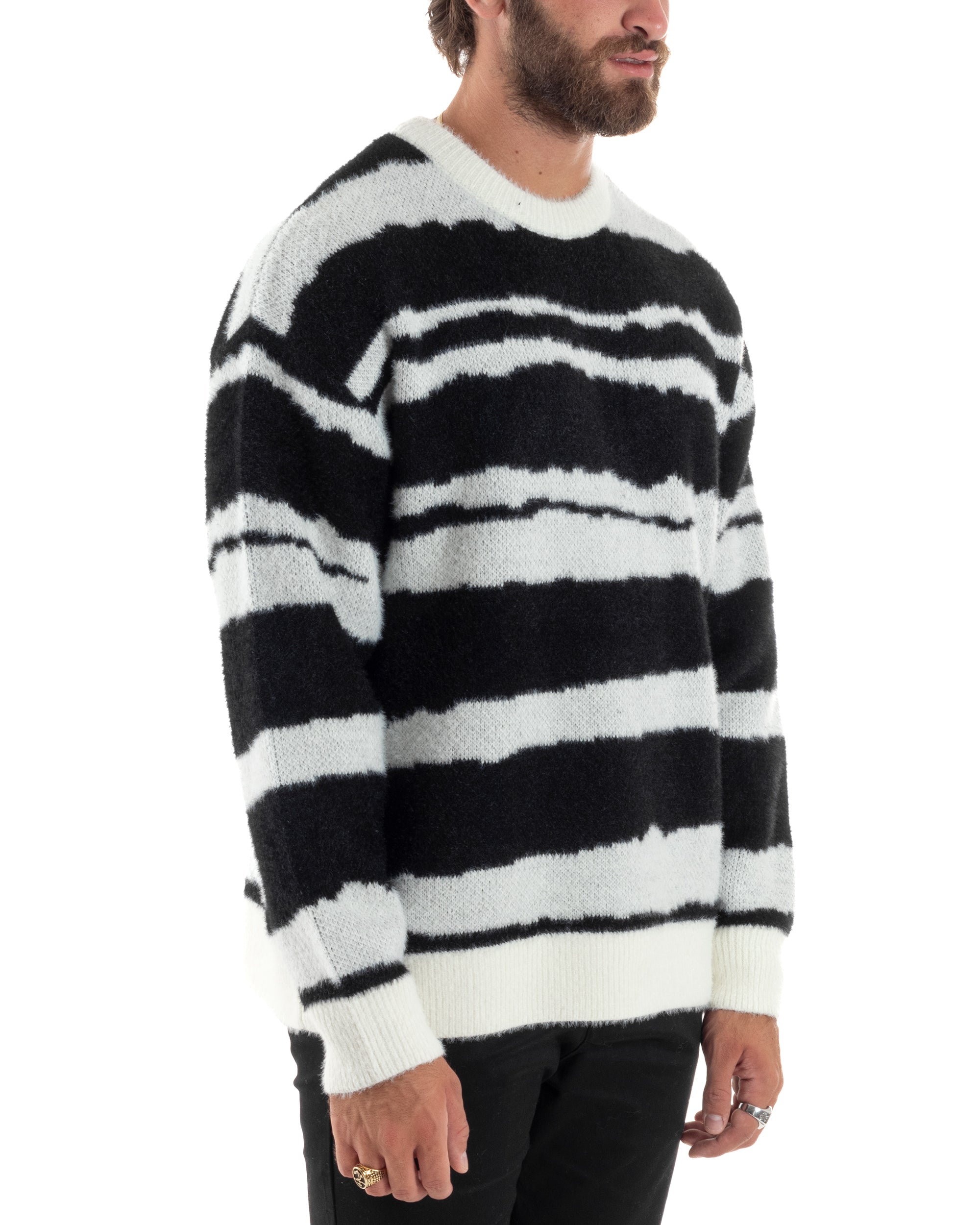 Maglione Uomo Jaquard A Righe Bicolore Casual Maglia Calda Maniche Lunghe Girocollo Oversize Comodo Nero GIOSAL-M2871A