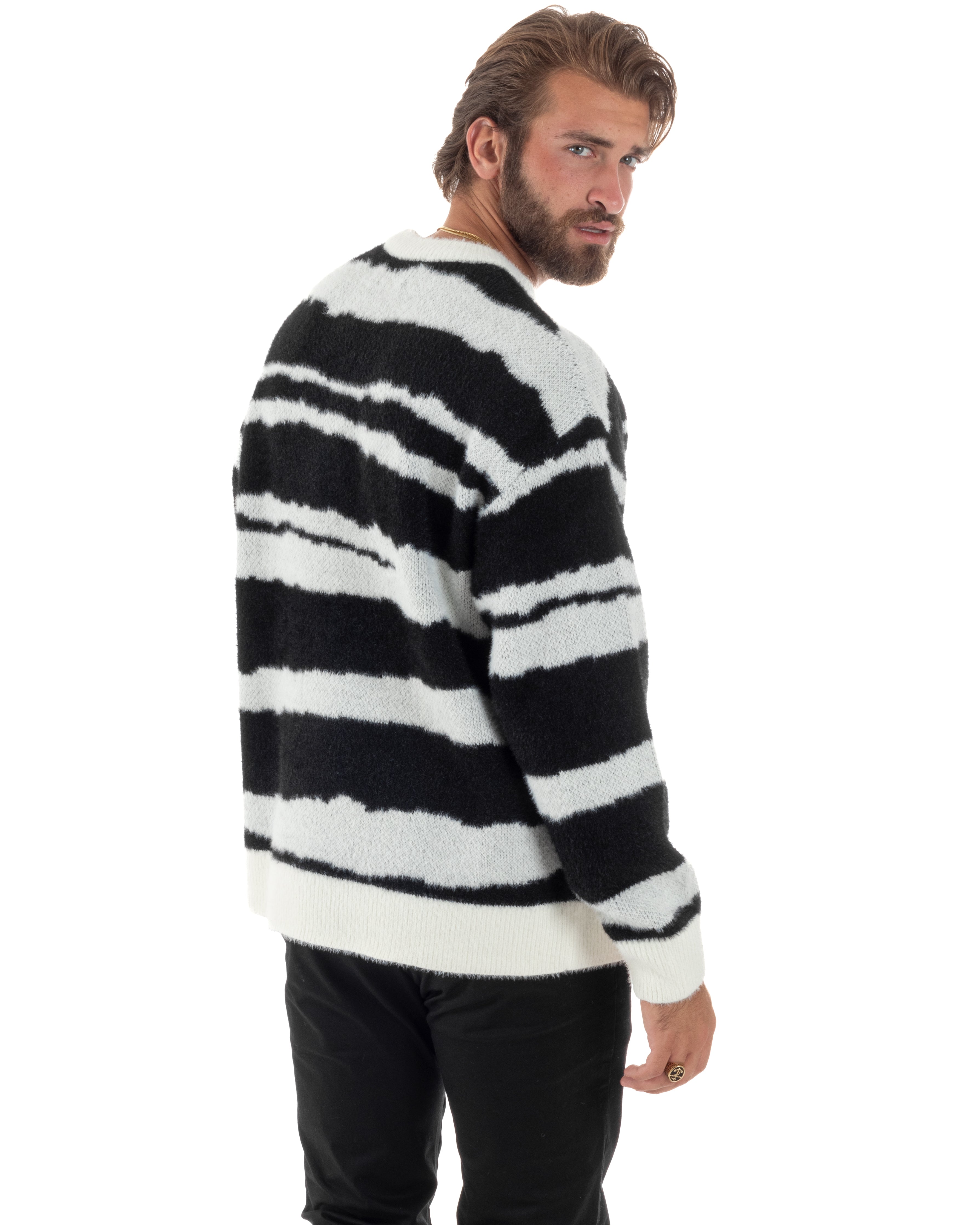 Maglione Uomo Jaquard A Righe Bicolore Casual Maglia Calda Maniche Lunghe Girocollo Oversize Comodo Nero GIOSAL-M2871A