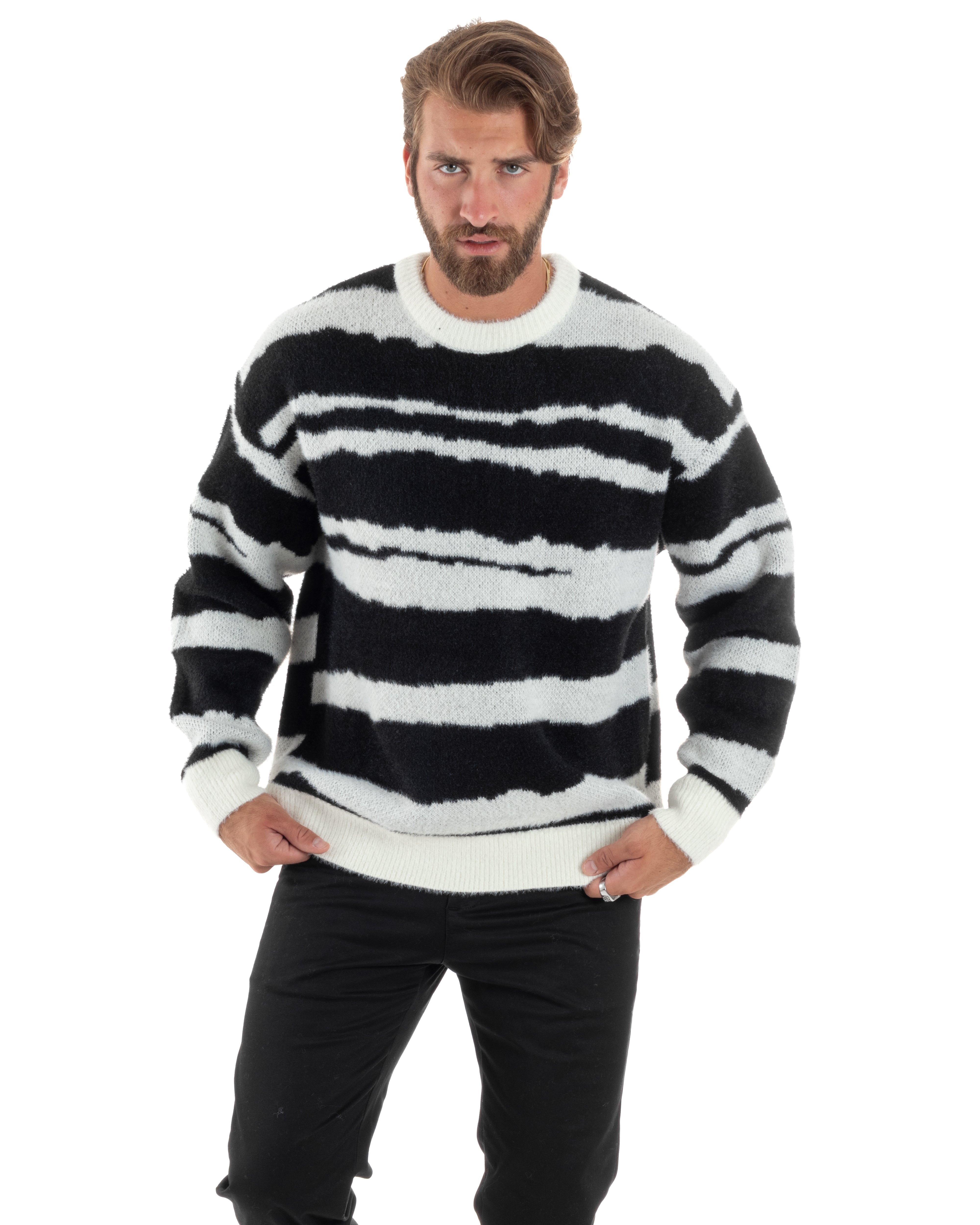 Maglione Uomo Jaquard A Righe Bicolore Casual Maglia Calda Maniche Lunghe Girocollo Oversize Comodo Nero GIOSAL-M2871A