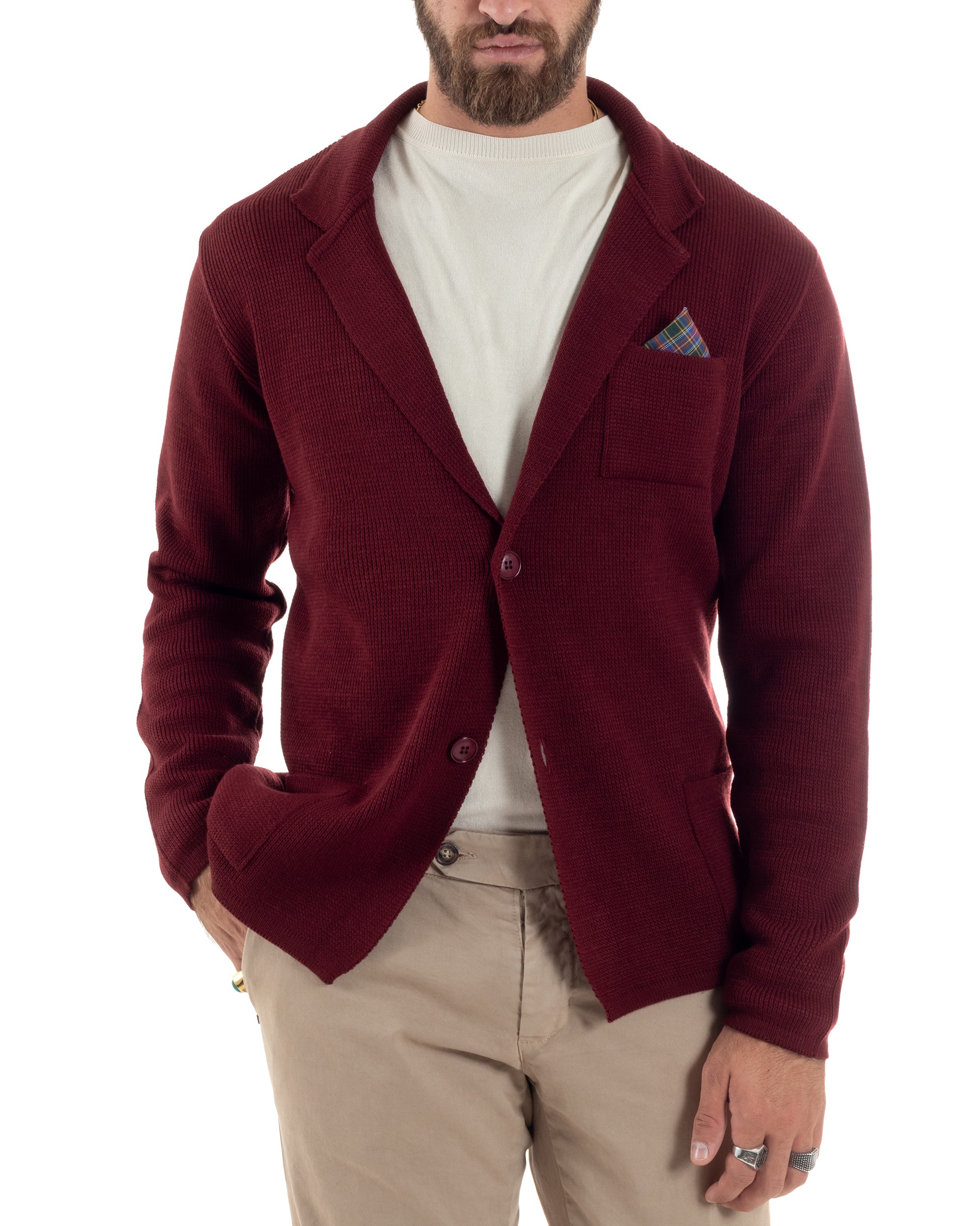 Cardigan Uomo Giacca Con Bottoni Maglia Maglioncino Tinta Unita Bordeaux Casual GIOSAL-M2872A