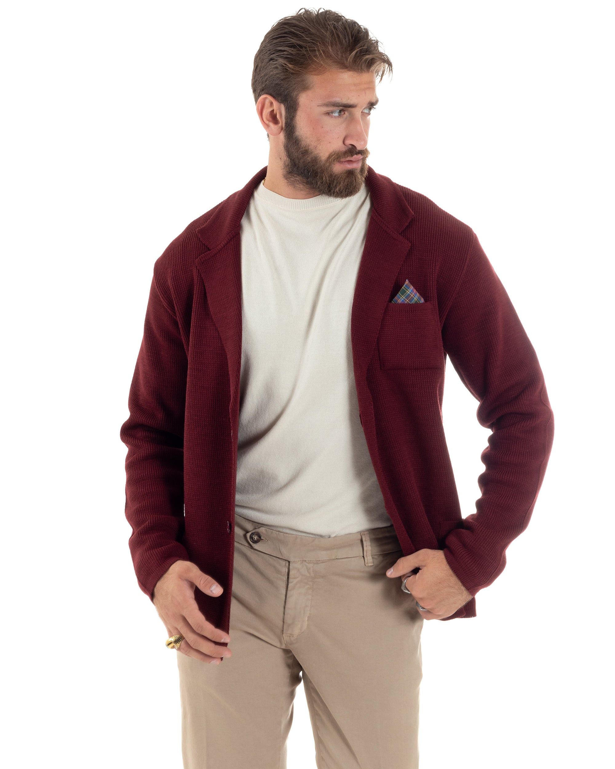 Cardigan Uomo Giacca Con Bottoni Maglia Maglioncino Tinta Unita Bordeaux Casual GIOSAL-M2872A