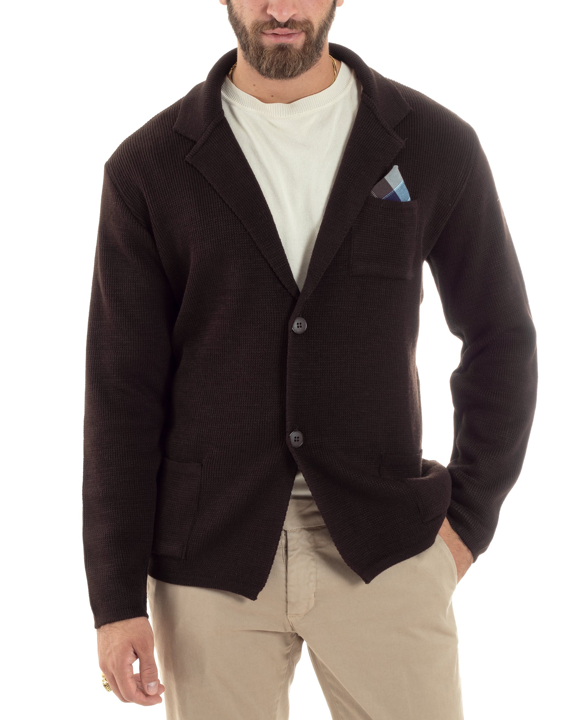 Cardigan Uomo Giacca Con Bottoni Maglia Maglioncino Tinta Unita Marrone Casual GIOSAL-M2873A