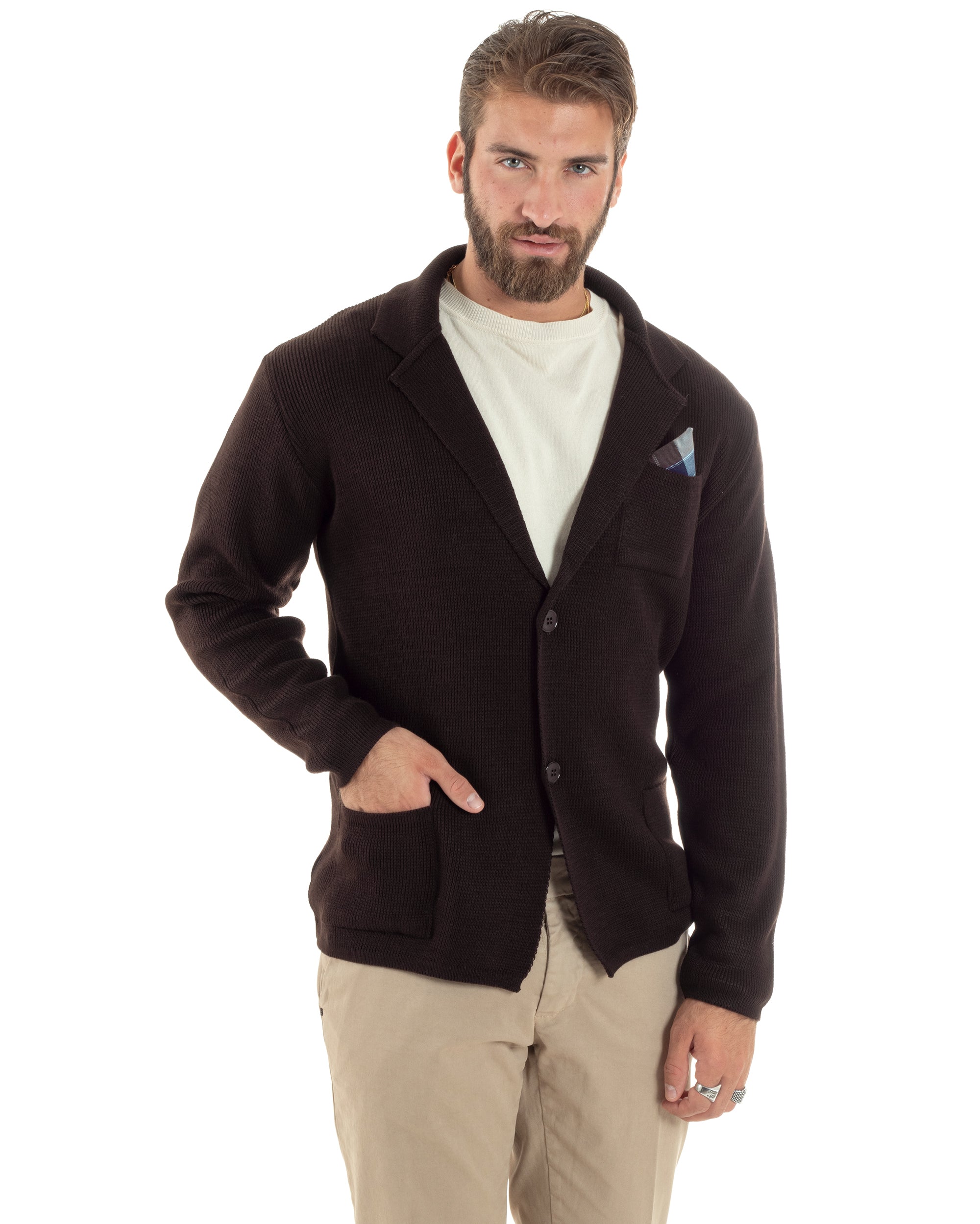 Cardigan Uomo Giacca Con Bottoni Maglia Maglioncino Tinta Unita Marrone Casual GIOSAL-M2873A