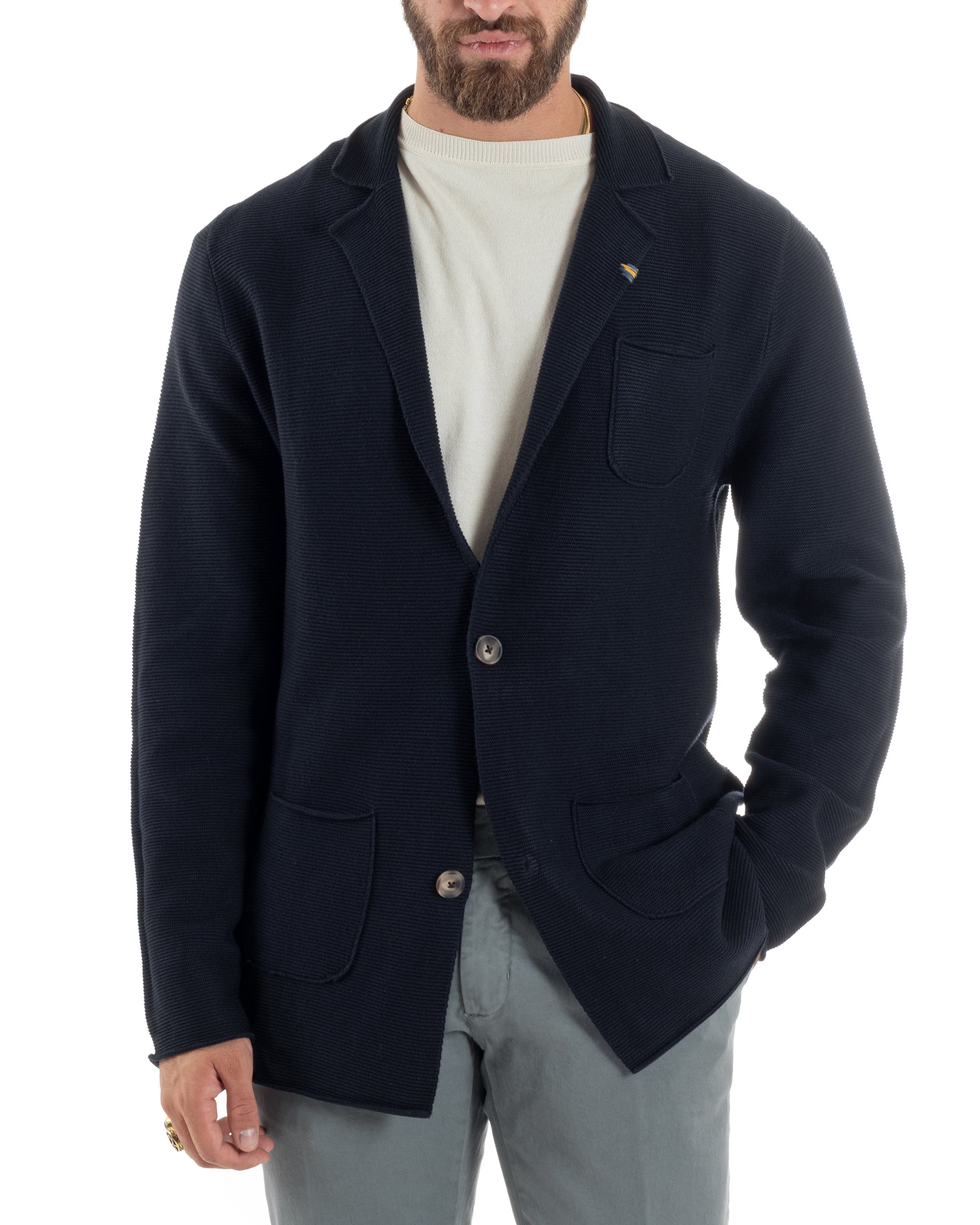 Cardigan Uomo Giacca Con Bottoni Maglia Links Scollo V Maglioncino Casual Tinta Unita Blu GIOSAL-M2874A