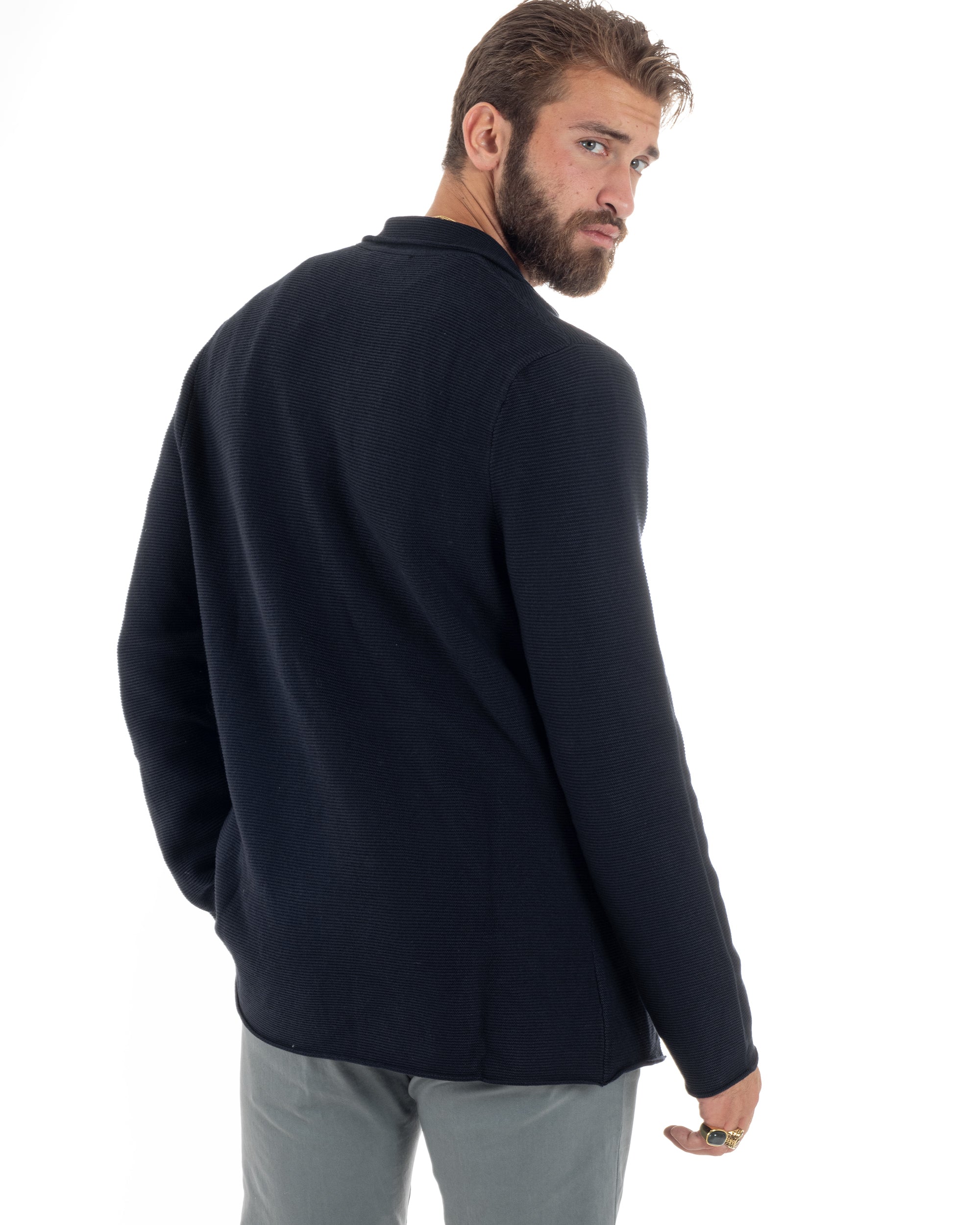 Cardigan Uomo Giacca Con Bottoni Maglia Links Scollo V Maglioncino Casual Tinta Unita Blu GIOSAL-M2874A