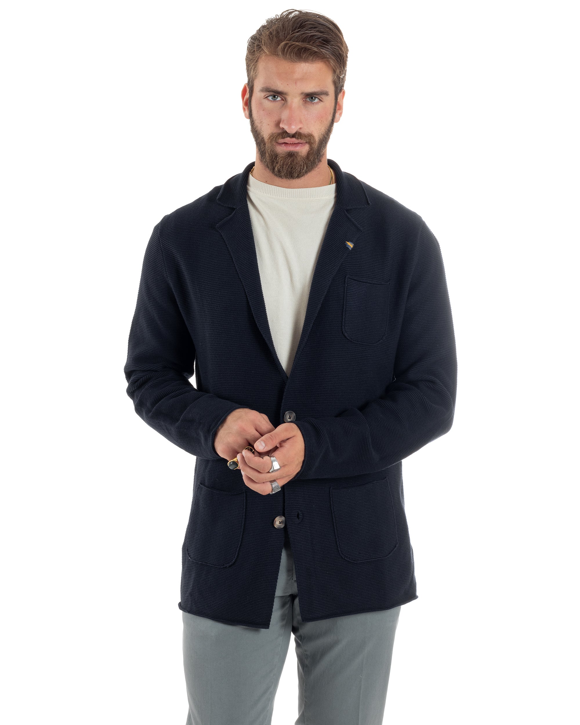 Cardigan Uomo Giacca Con Bottoni Maglia Links Scollo V Maglioncino Casual Tinta Unita Blu GIOSAL-M2874A