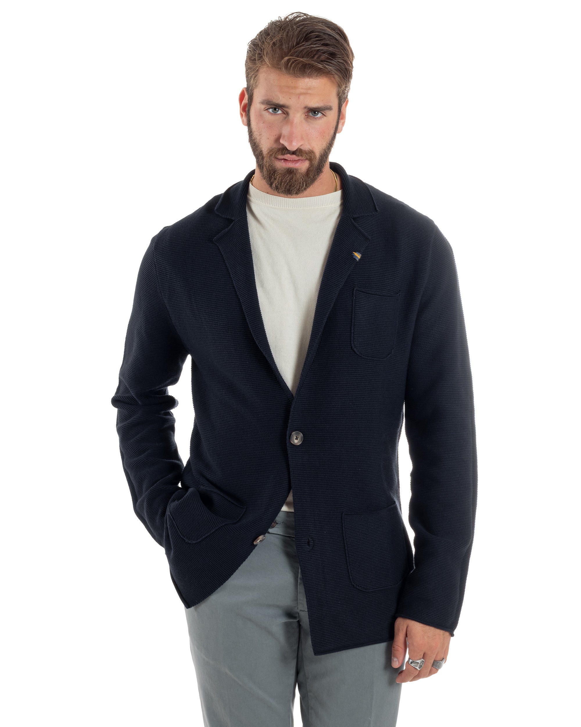 Cardigan Uomo Giacca Con Bottoni Maglia Links Scollo V Maglioncino Casual Tinta Unita Blu GIOSAL-M2874A