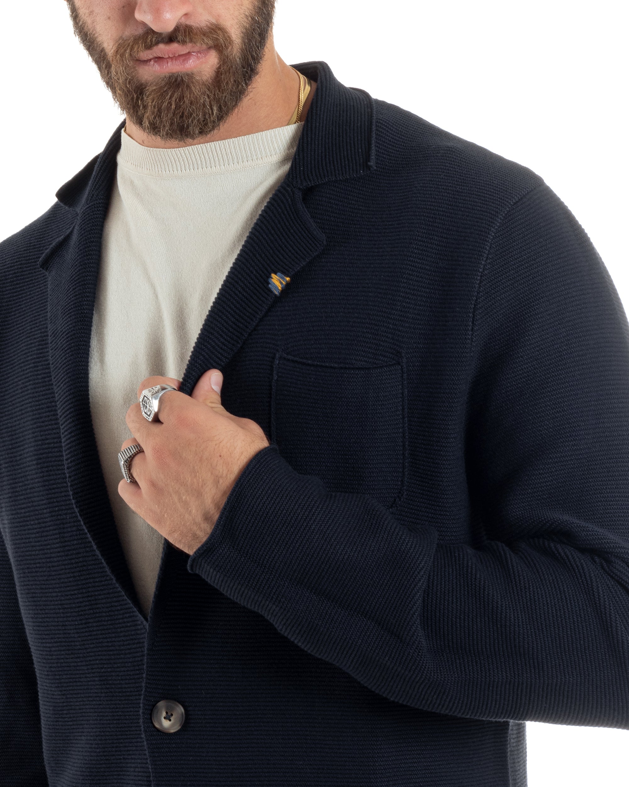 Cardigan Uomo Giacca Con Bottoni Maglia Links Scollo V Maglioncino Casual Tinta Unita Blu GIOSAL-M2874A