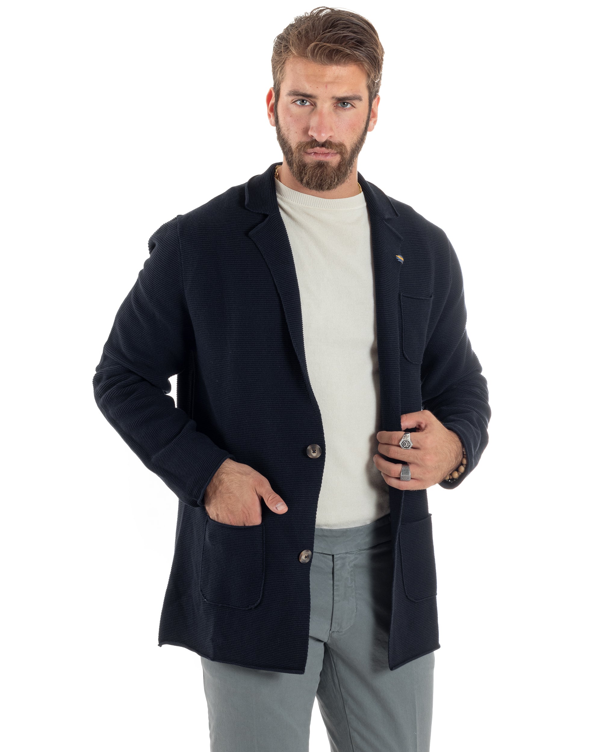 Cardigan Uomo Giacca Con Bottoni Maglia Links Scollo V Maglioncino Casual Tinta Unita Blu GIOSAL-M2874A