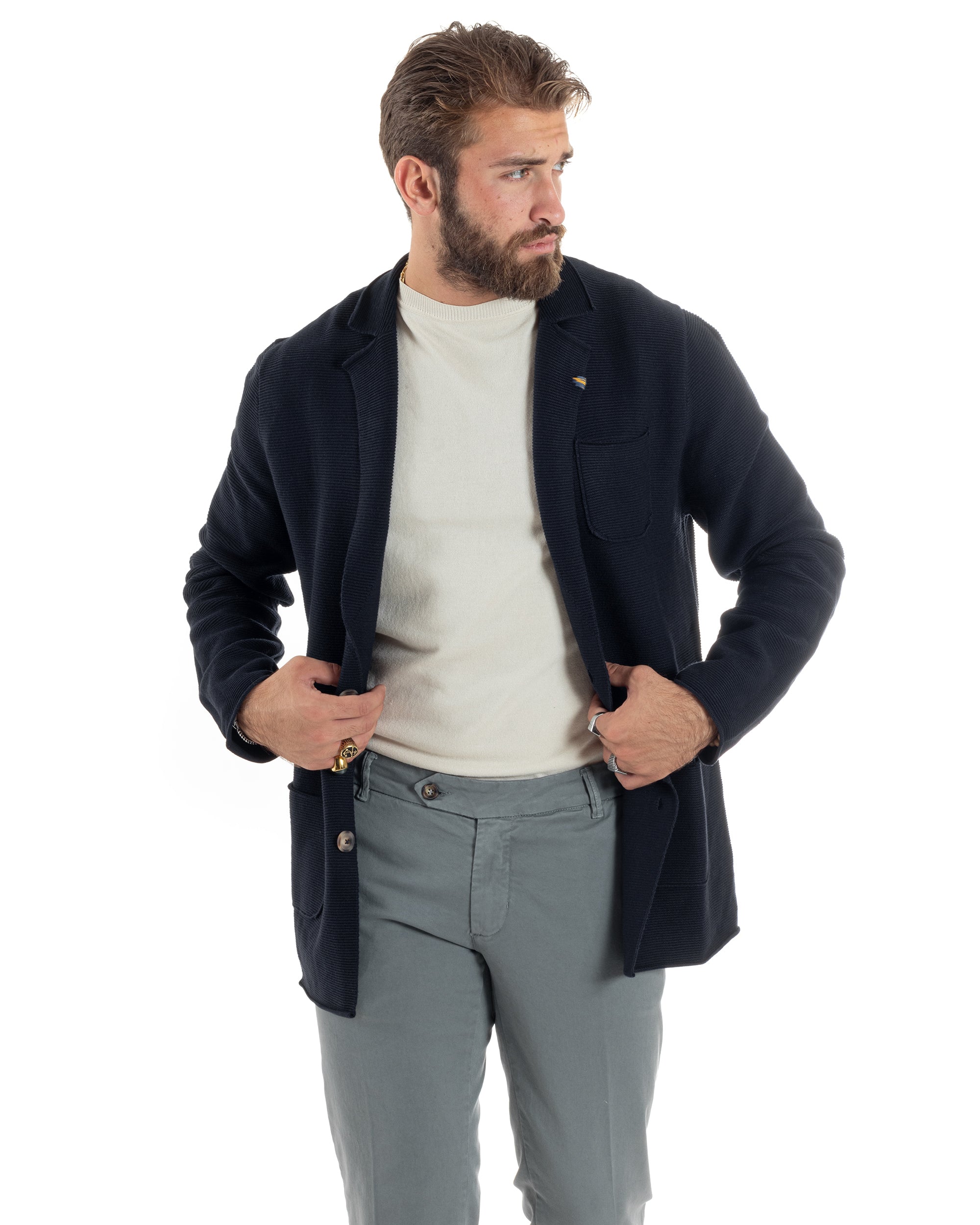 Cardigan Uomo Giacca Con Bottoni Maglia Links Scollo V Maglioncino Casual Tinta Unita Blu GIOSAL-M2874A