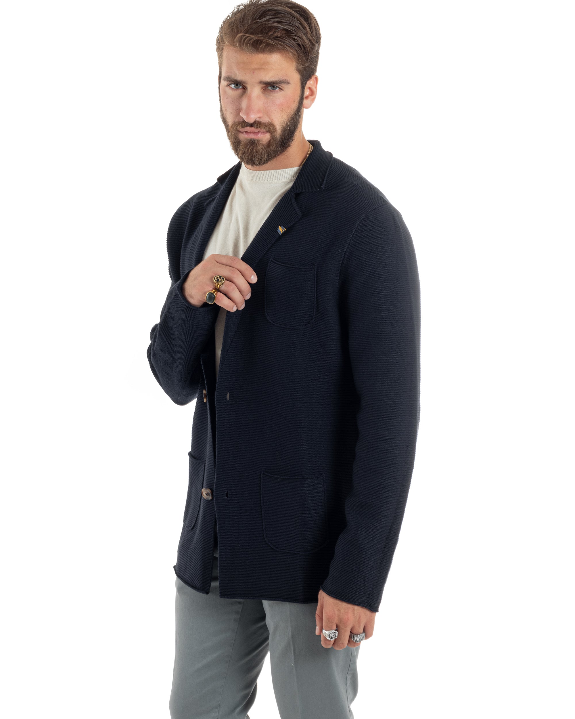 Cardigan Uomo Giacca Con Bottoni Maglia Links Scollo V Maglioncino Casual Tinta Unita Blu GIOSAL-M2874A