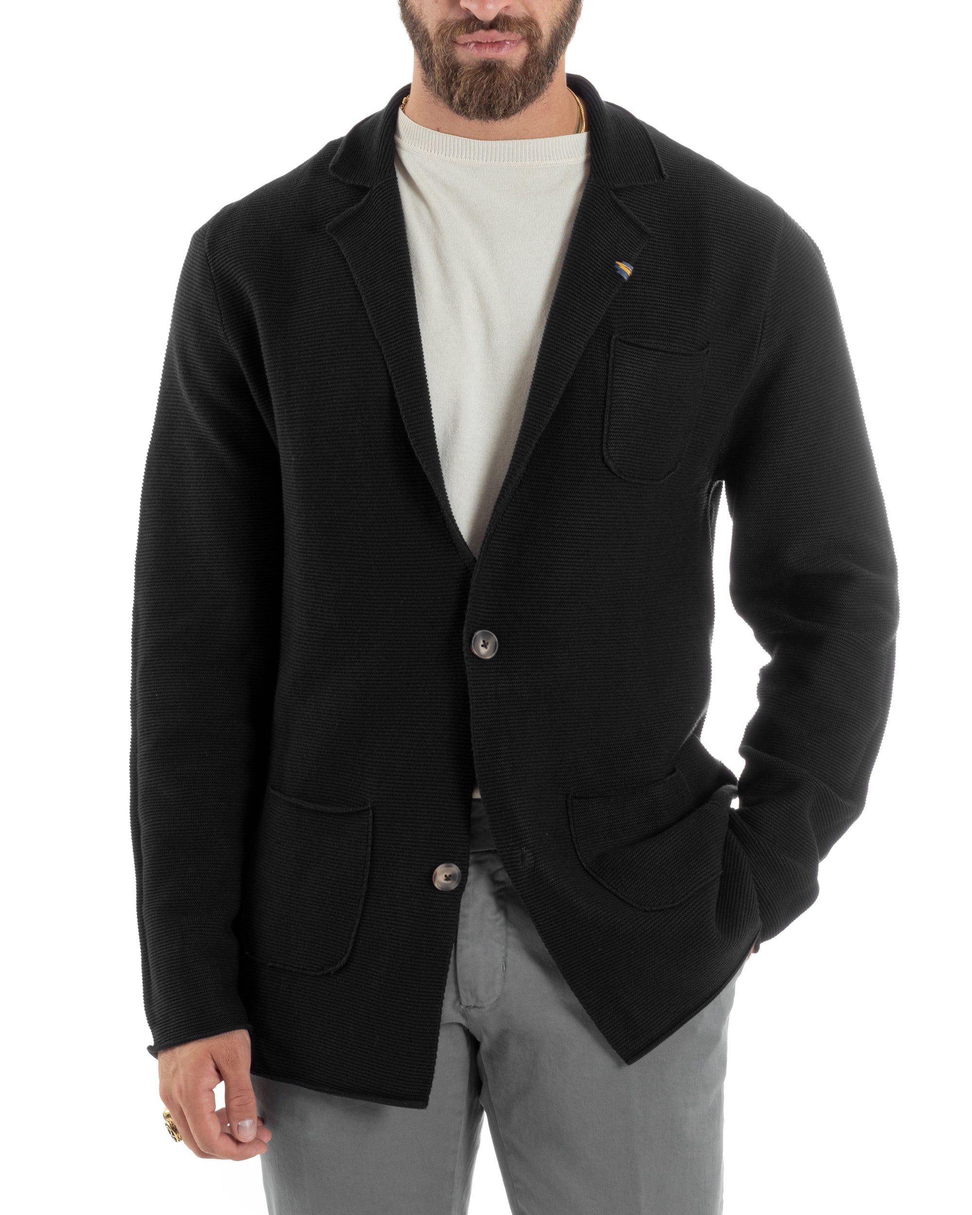 Cardigan Uomo Giacca Con Bottoni Maglia Links Scollo V Maglioncino Casual Tinta Unita Nero GIOSAL-M2875A