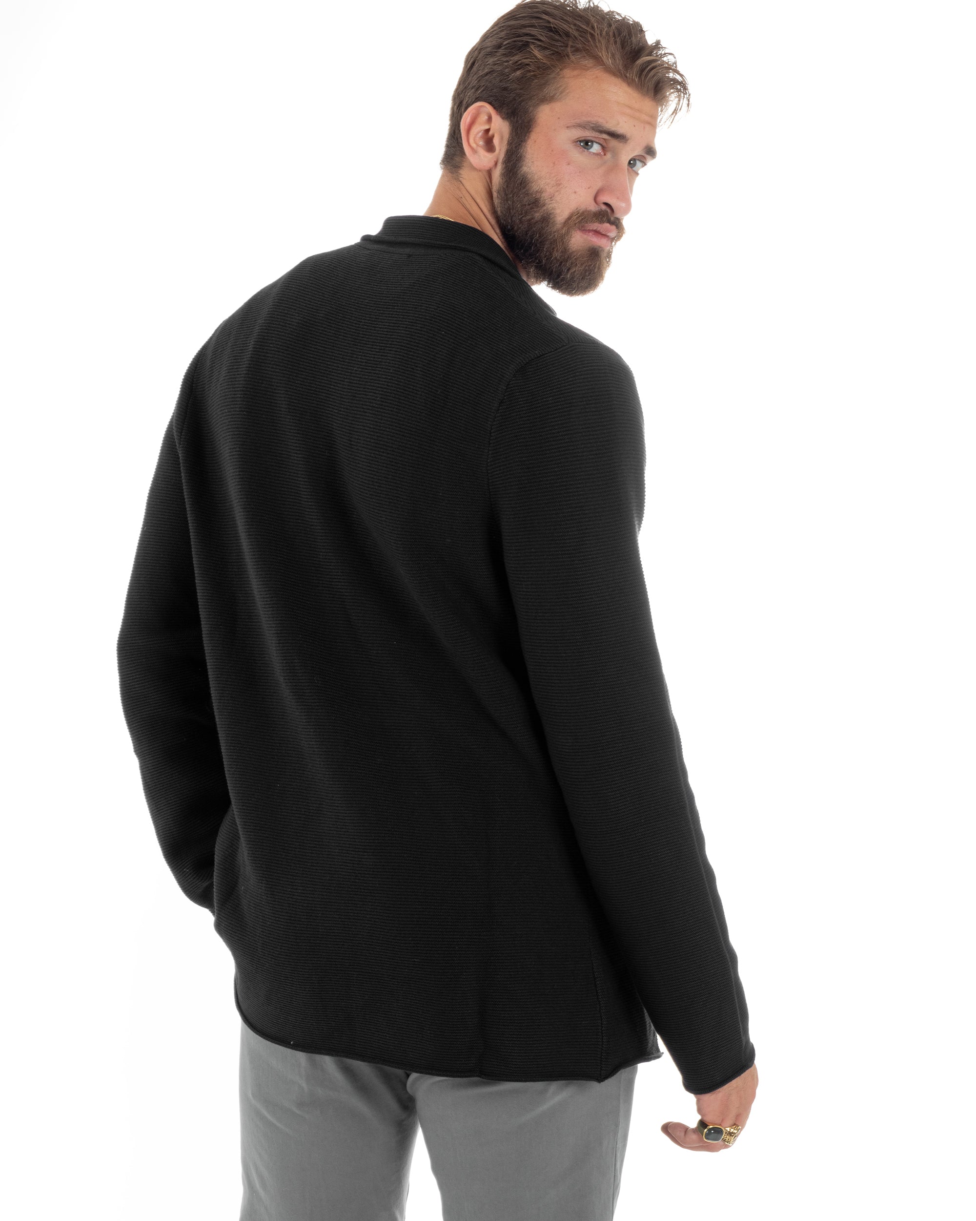 Cardigan Uomo Giacca Con Bottoni Maglia Links Scollo V Maglioncino Casual Tinta Unita Nero GIOSAL-M2875A