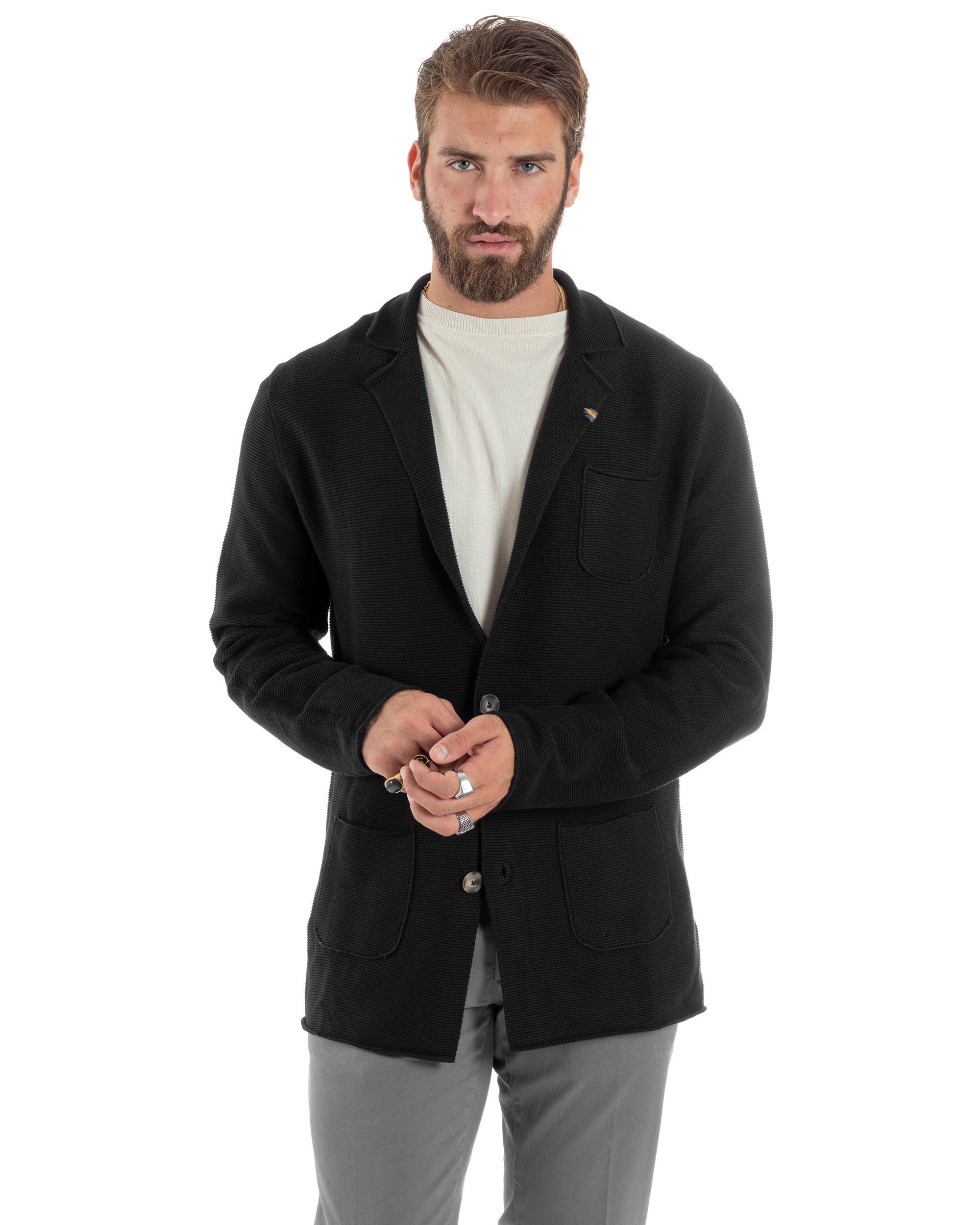 Cardigan Uomo Giacca Con Bottoni Maglia Links Scollo V Maglioncino Casual Tinta Unita Nero GIOSAL-M2875A