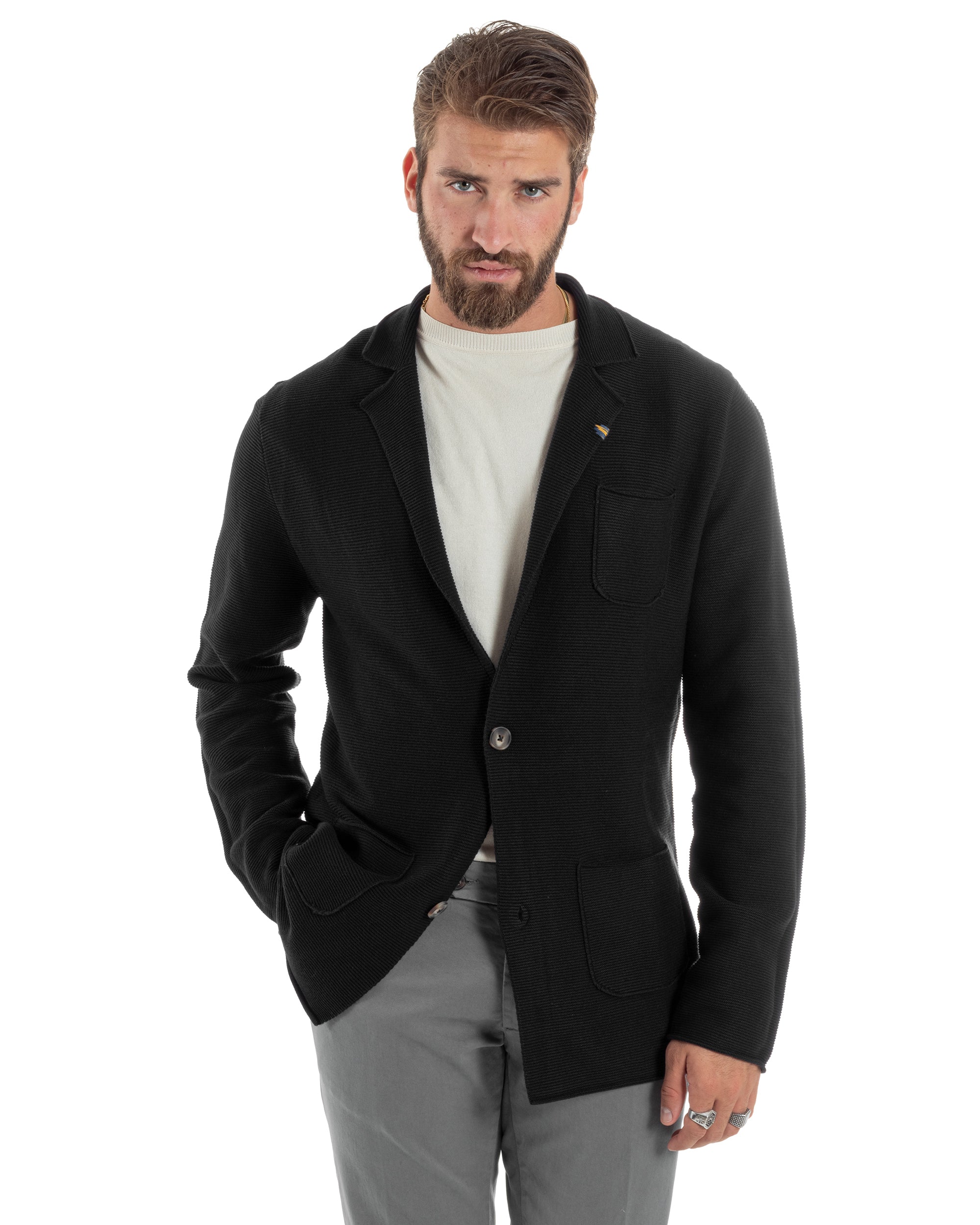 Cardigan Uomo Giacca Con Bottoni Maglia Links Scollo V Maglioncino Casual Tinta Unita Nero GIOSAL-M2875A