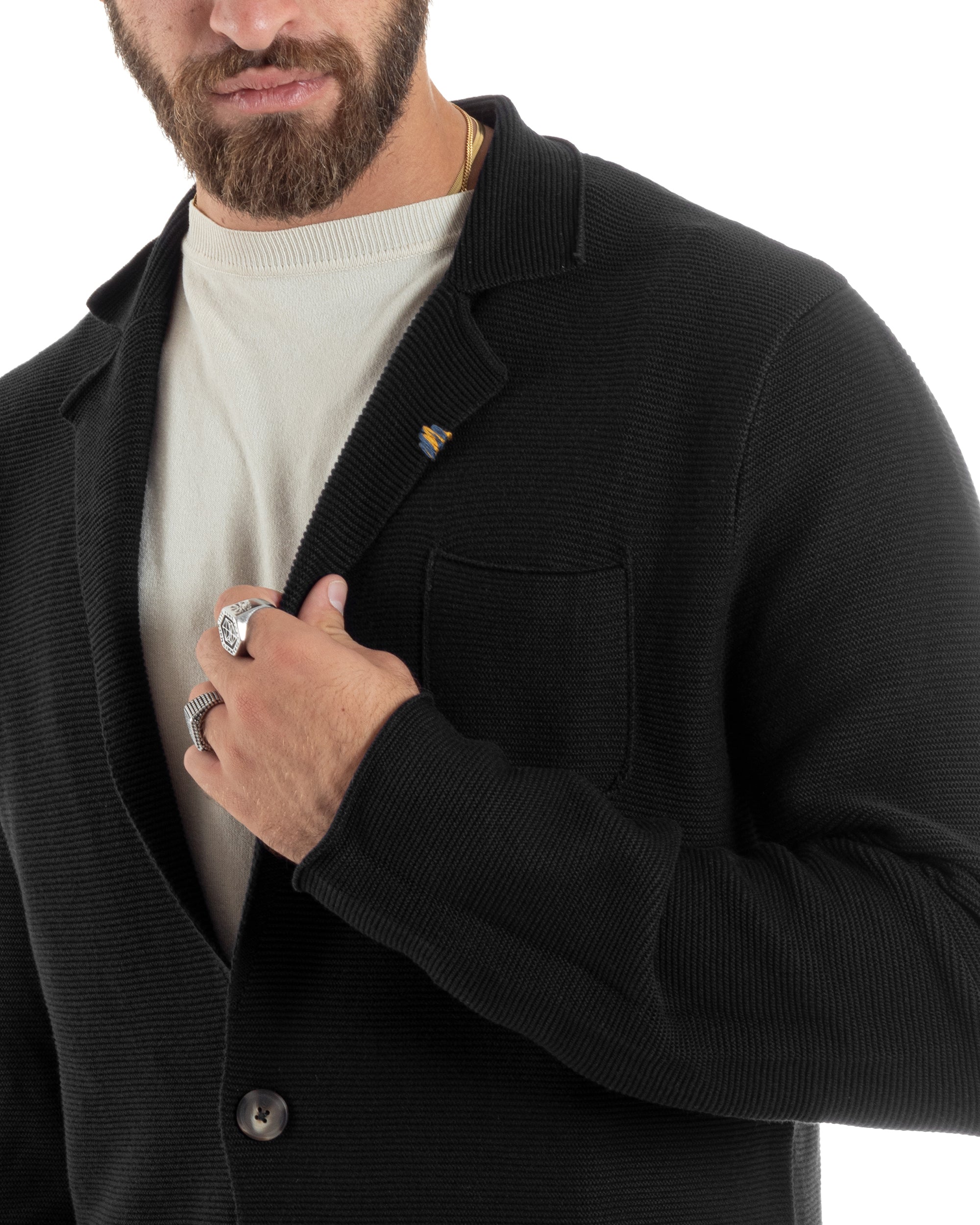 Cardigan Uomo Giacca Con Bottoni Maglia Links Scollo V Maglioncino Casual Tinta Unita Nero GIOSAL-M2875A