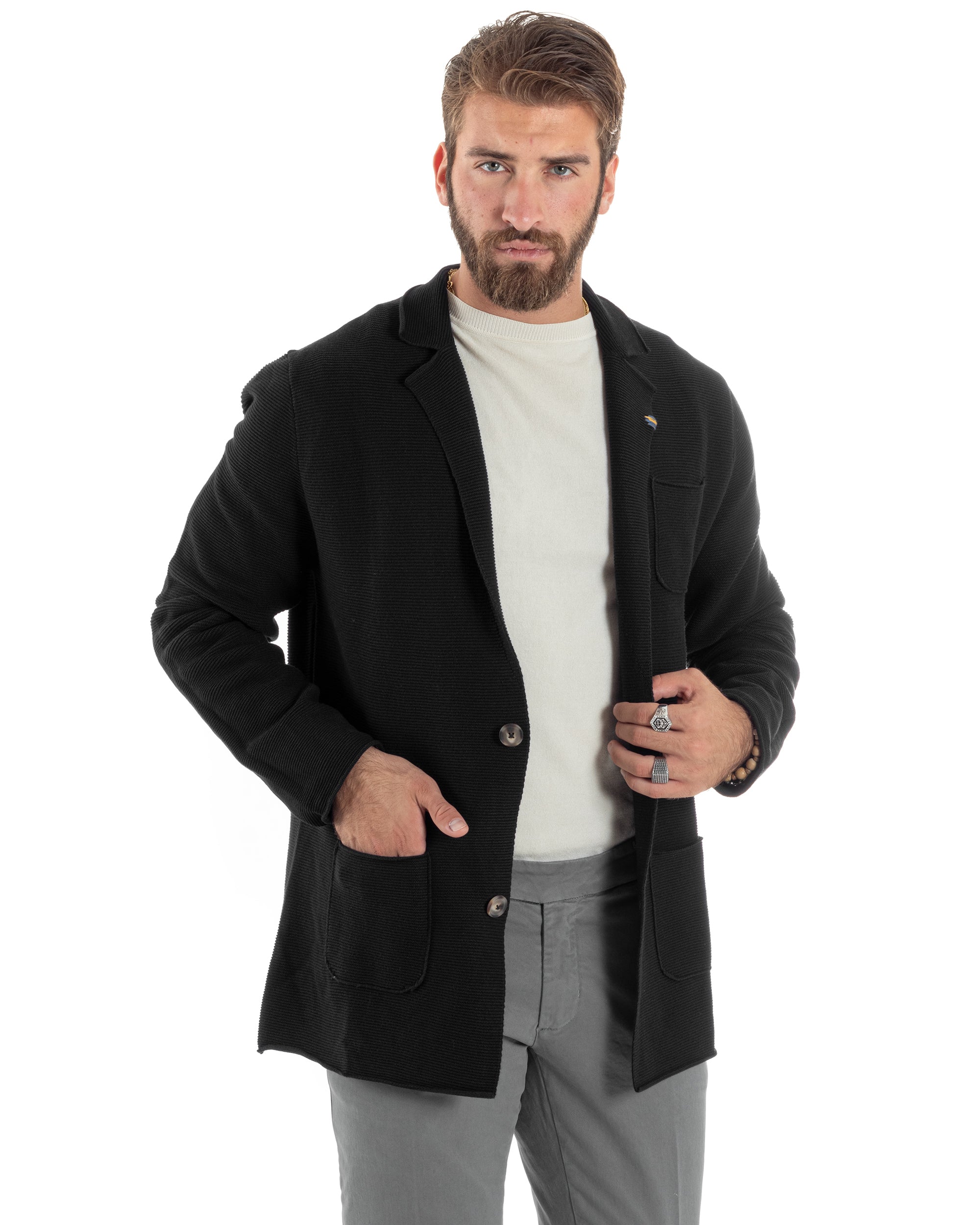 Cardigan Uomo Giacca Con Bottoni Maglia Links Scollo V Maglioncino Casual Tinta Unita Nero GIOSAL-M2875A