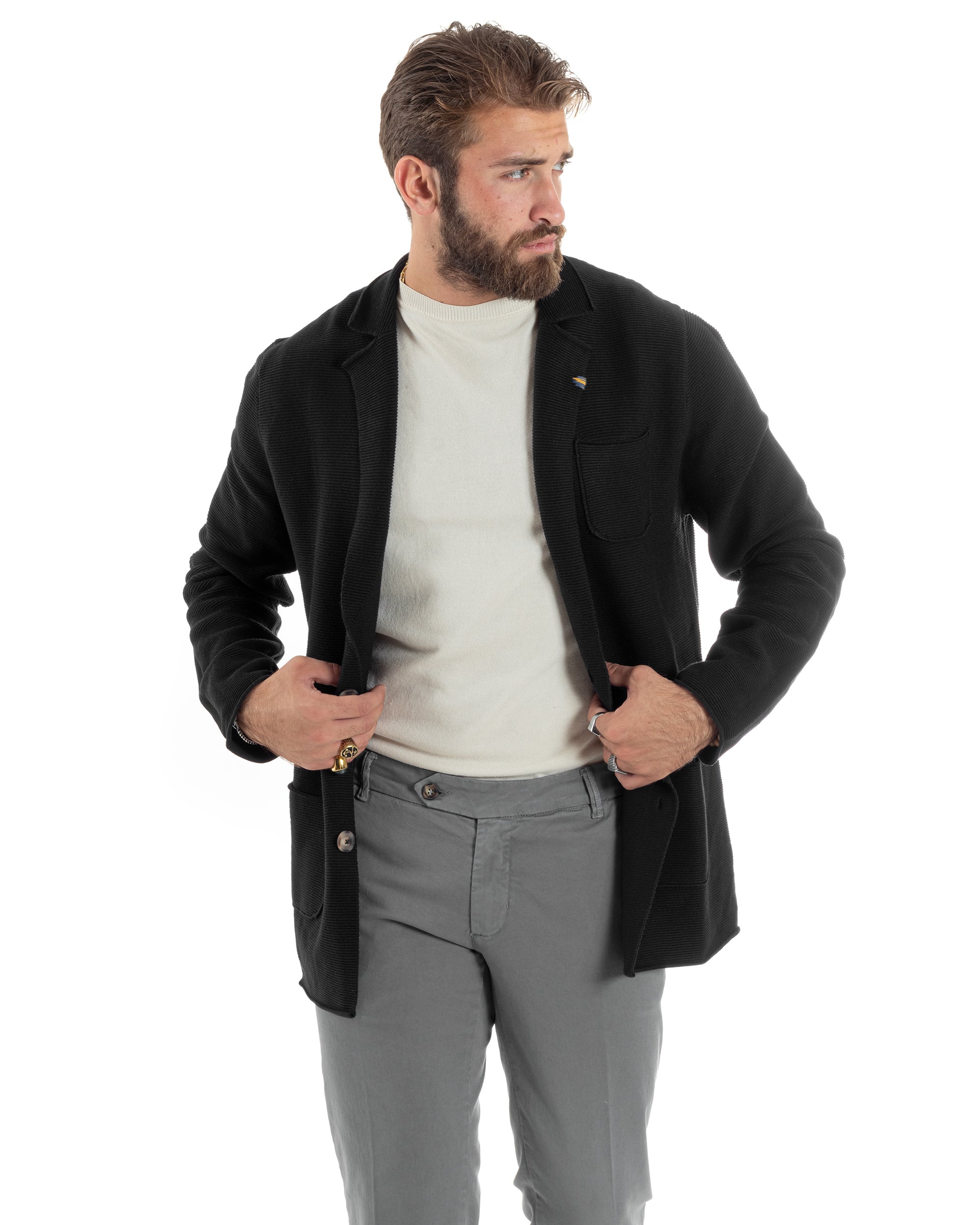 Cardigan Uomo Giacca Con Bottoni Maglia Links Scollo V Maglioncino Casual Tinta Unita Nero GIOSAL-M2875A