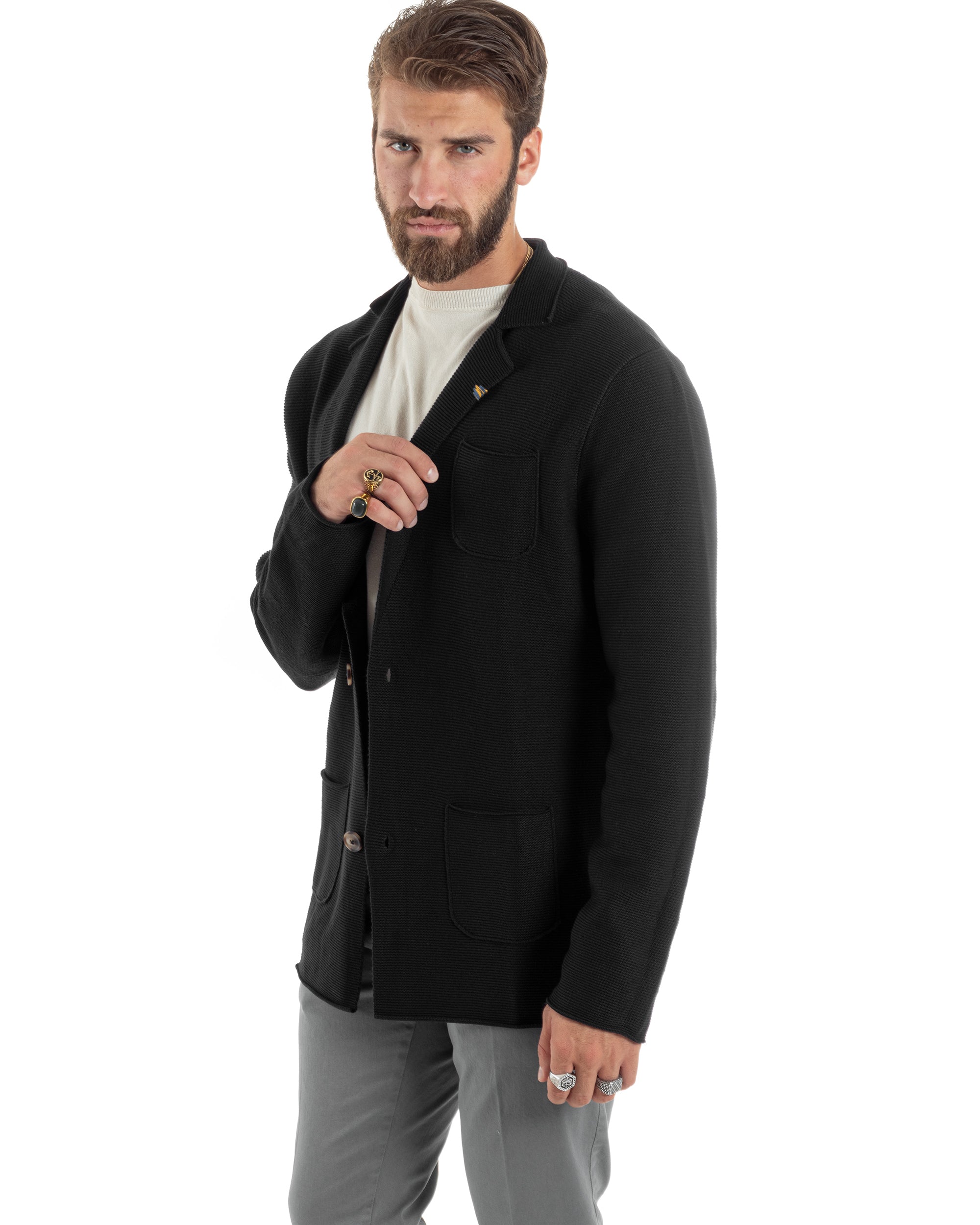 Cardigan Uomo Giacca Con Bottoni Maglia Links Scollo V Maglioncino Casual Tinta Unita Nero GIOSAL-M2875A