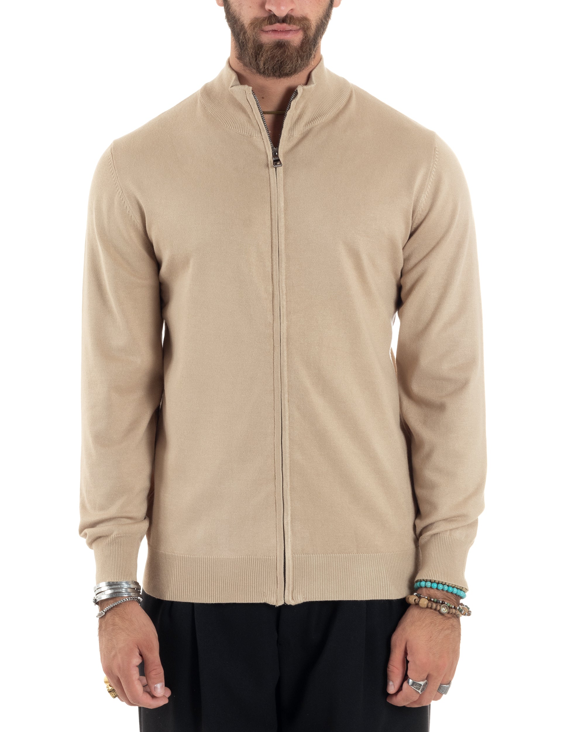 Maglioncino Uomo Con Cerniera Maglia Maniche Lunghe Rasata Basic Pullover Zip Intera Tinta Unita Beige GIOSAL-M2876A